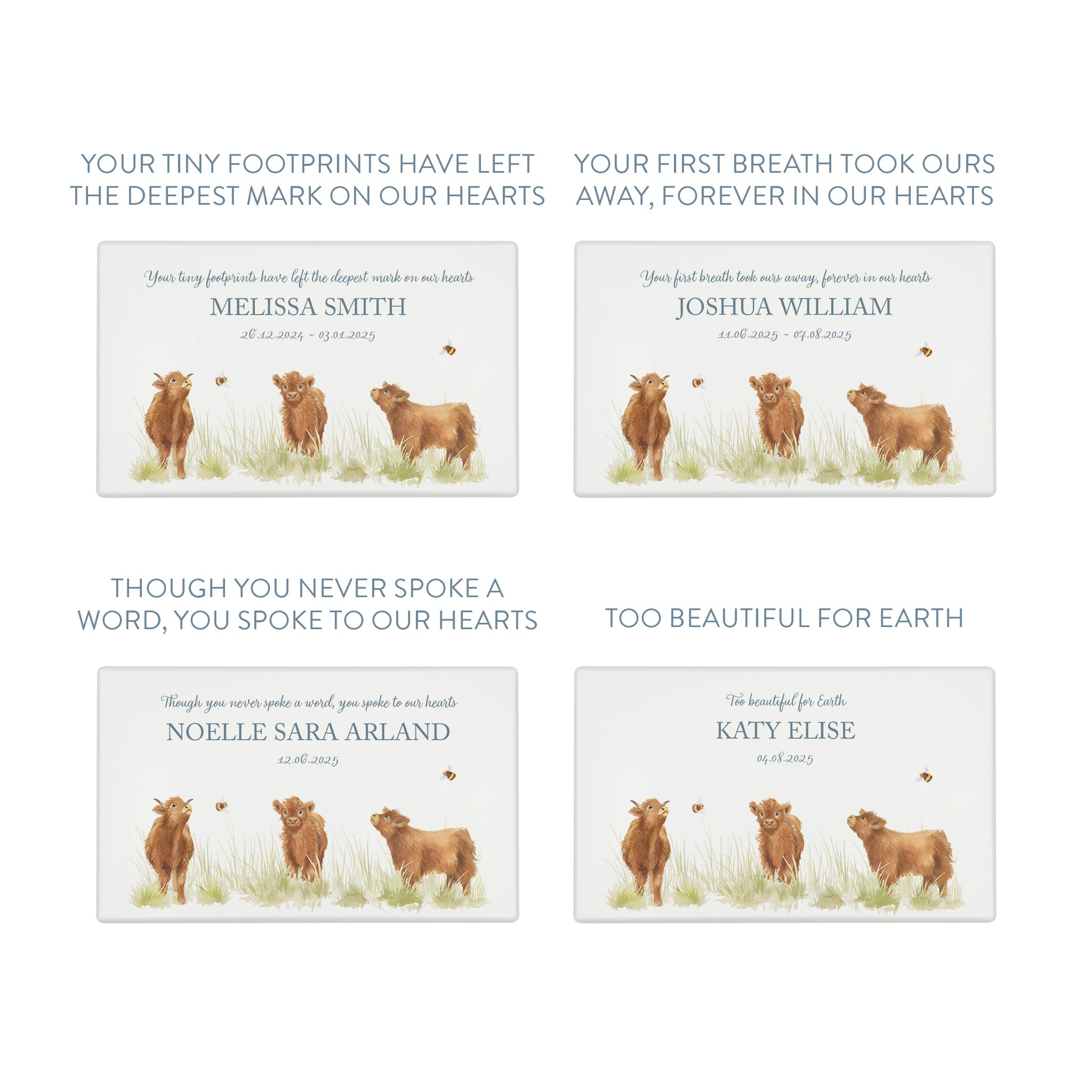 Luxury solid wooden white painted Urn ,  Featuring Baby Highland cow, A watercolour illustration, our urns and Caskets for displaying or burying ashes. Customisable and can be personalised. Perfect funeral memory keepsake urn, for storing ashes for humans and pets. Coping with baby loss, baby memorial