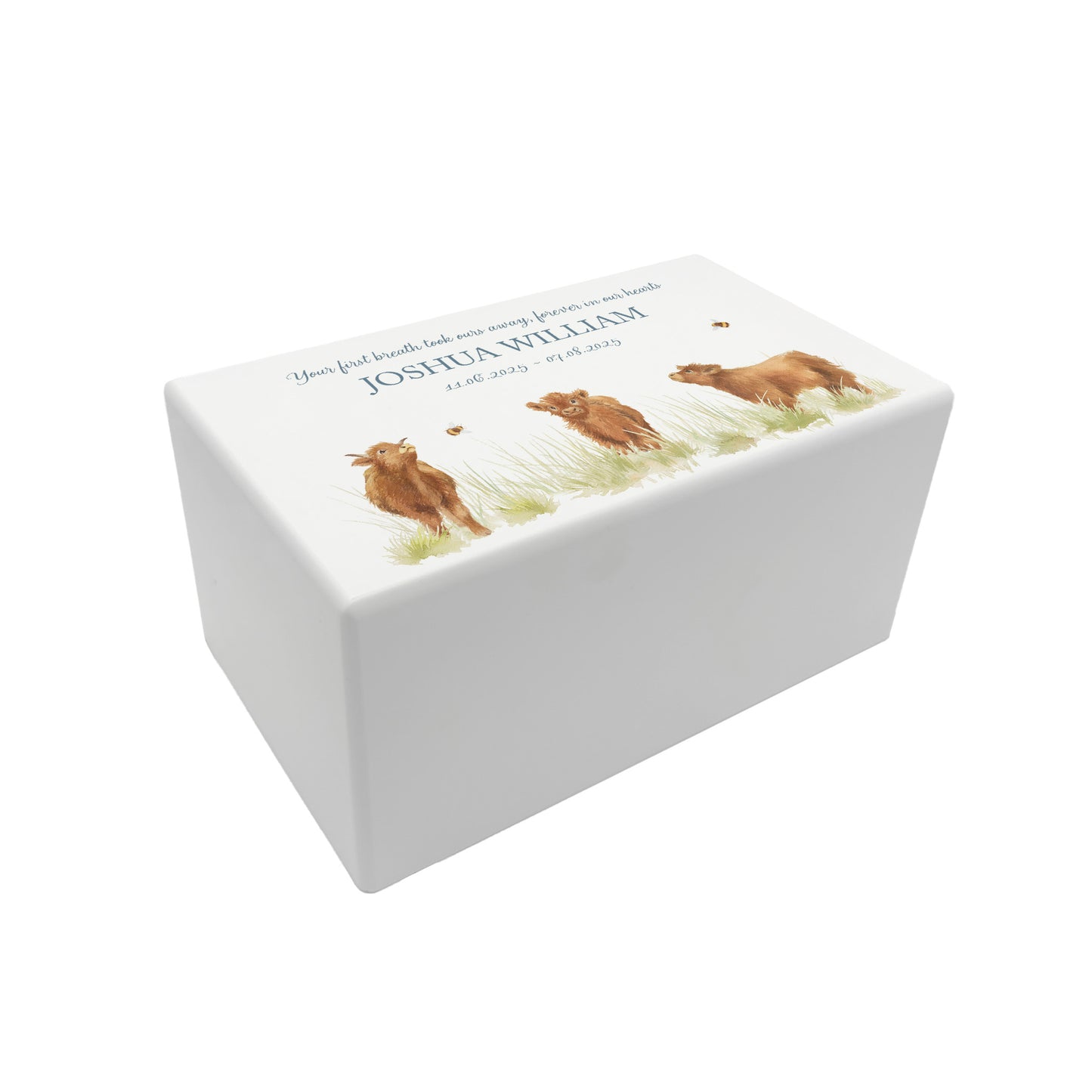 Luxury solid wooden white painted Urn ,  Featuring Baby Highland cow, A watercolour illustration, our urns and Caskets for displaying or burying ashes. Customisable and can be personalised. Perfect funeral memory keepsake urn, for storing ashes for humans and pets. Coping with baby loss, baby memorial