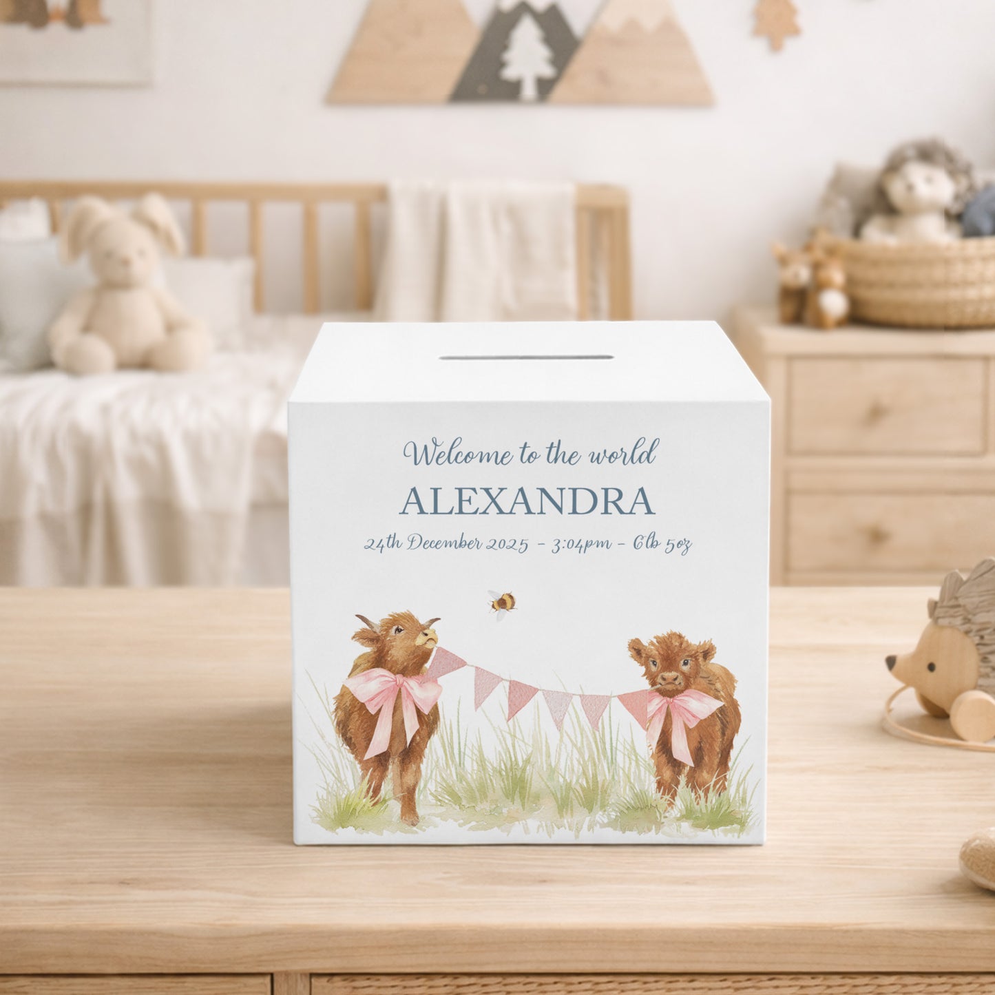 watercolour themed handmade money box gift for christening or birthday