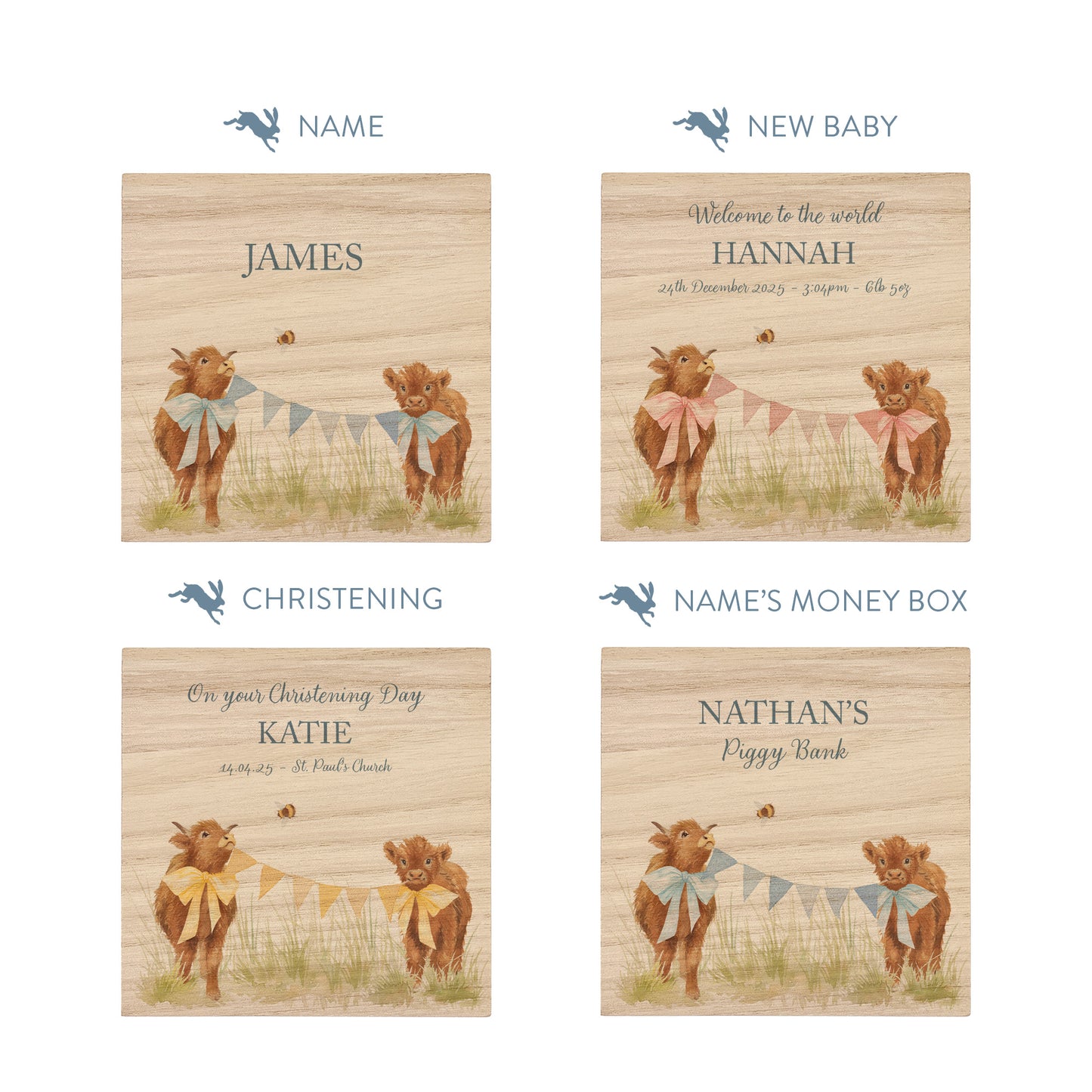personalised watercolour money box handmade for christening keepsake, sweet highland cow babies playing in a field with bunting with bows around their necks