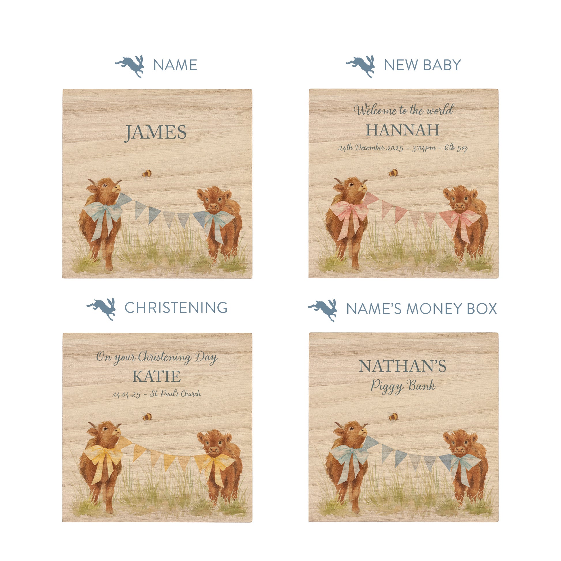 personalised watercolour money box handmade for christening keepsake, sweet highland cow babies playing in a field with bunting with bows around their necks