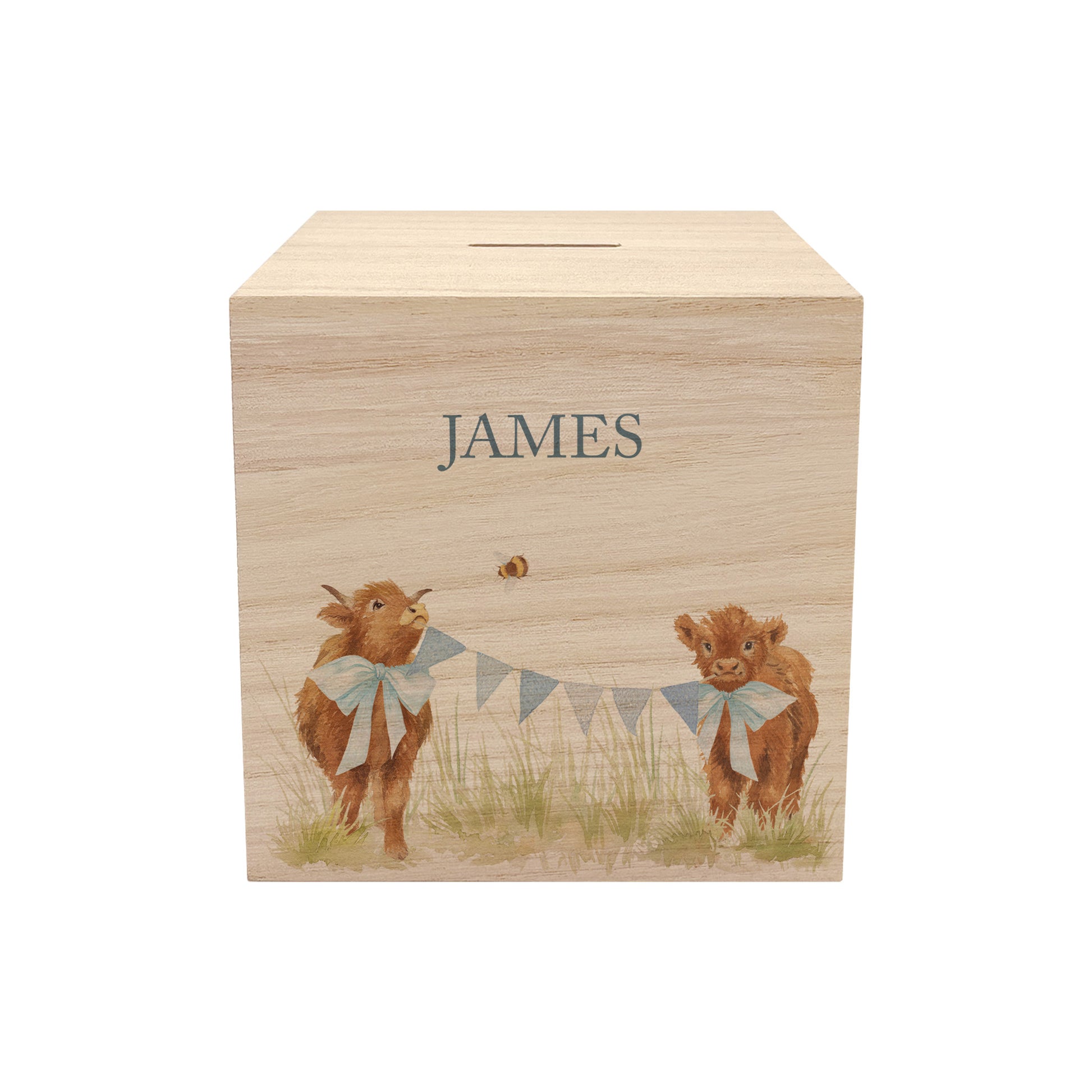 personalised watercolour money box handmade for christening keepsake, sweet highland cow babies playing in a field with bunting with bows around their necks