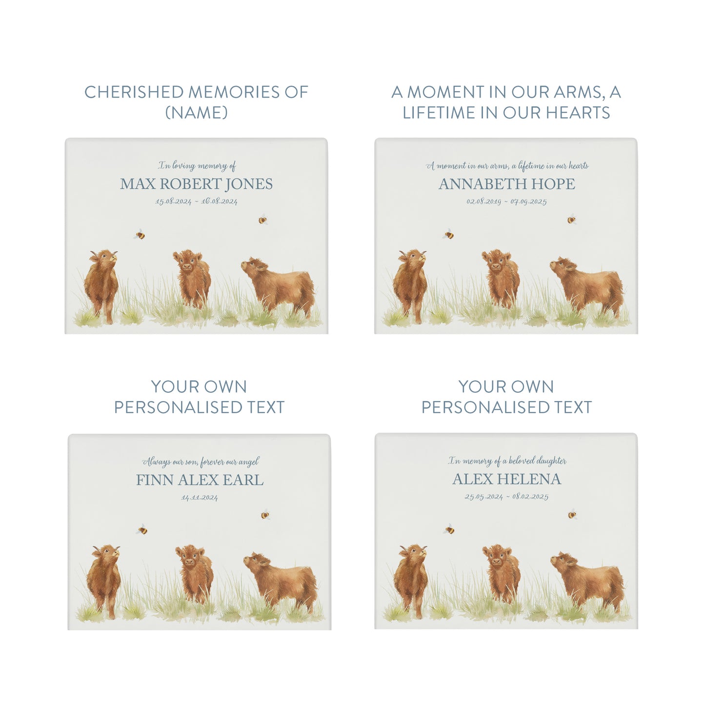Luxury solid wooden white painted with Baby Highland Cow , a beautiful watercolour illustration our urns and Caskets for displaying or burying ashes. Customisable and can be personalised. Perfect funeral memory keepsake urn, for storing ashes for humans and pets. Coping with baby loss. 