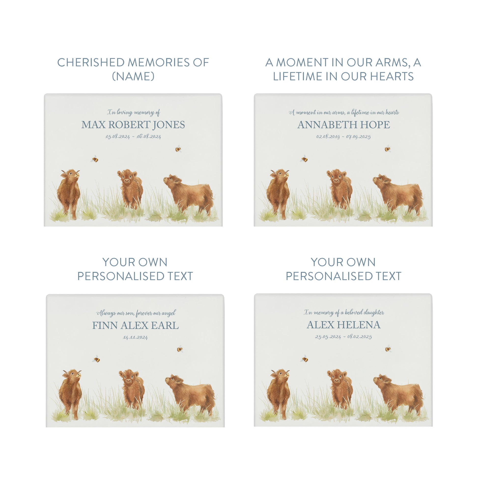 Luxury solid wooden white painted with Baby Highland Cow , a beautiful watercolour illustration our urns and Caskets for displaying or burying ashes. Customisable and can be personalised. Perfect funeral memory keepsake urn, for storing ashes for humans and pets. Coping with baby loss. 