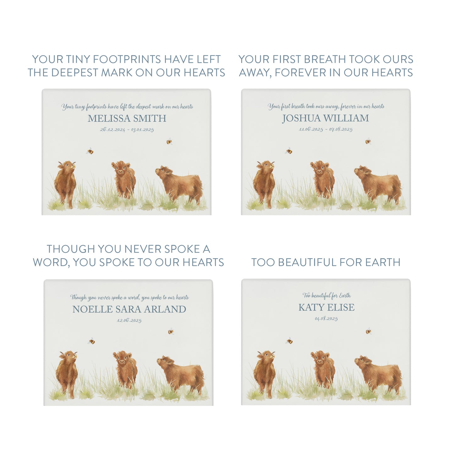 Luxury solid wooden white painted with Baby Highland Cow , a beautiful watercolour illustration our urns and Caskets for displaying or burying ashes. Customisable and can be personalised. Perfect funeral memory keepsake urn, for storing ashes for humans and pets. Coping with baby loss. 