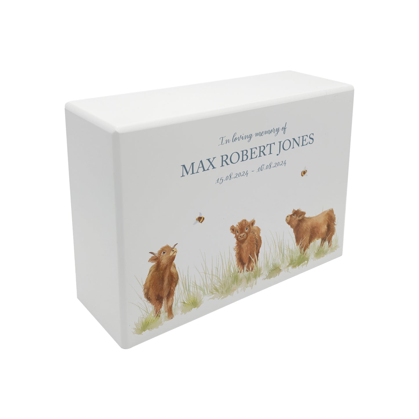 Luxury solid wooden white painted with Baby Highland Cow , a beautiful watercolour illustration our urns and Caskets for displaying or burying ashes. Customisable and can be personalised. Perfect funeral memory keepsake urn, for storing ashes for humans and pets. Coping with baby loss. 