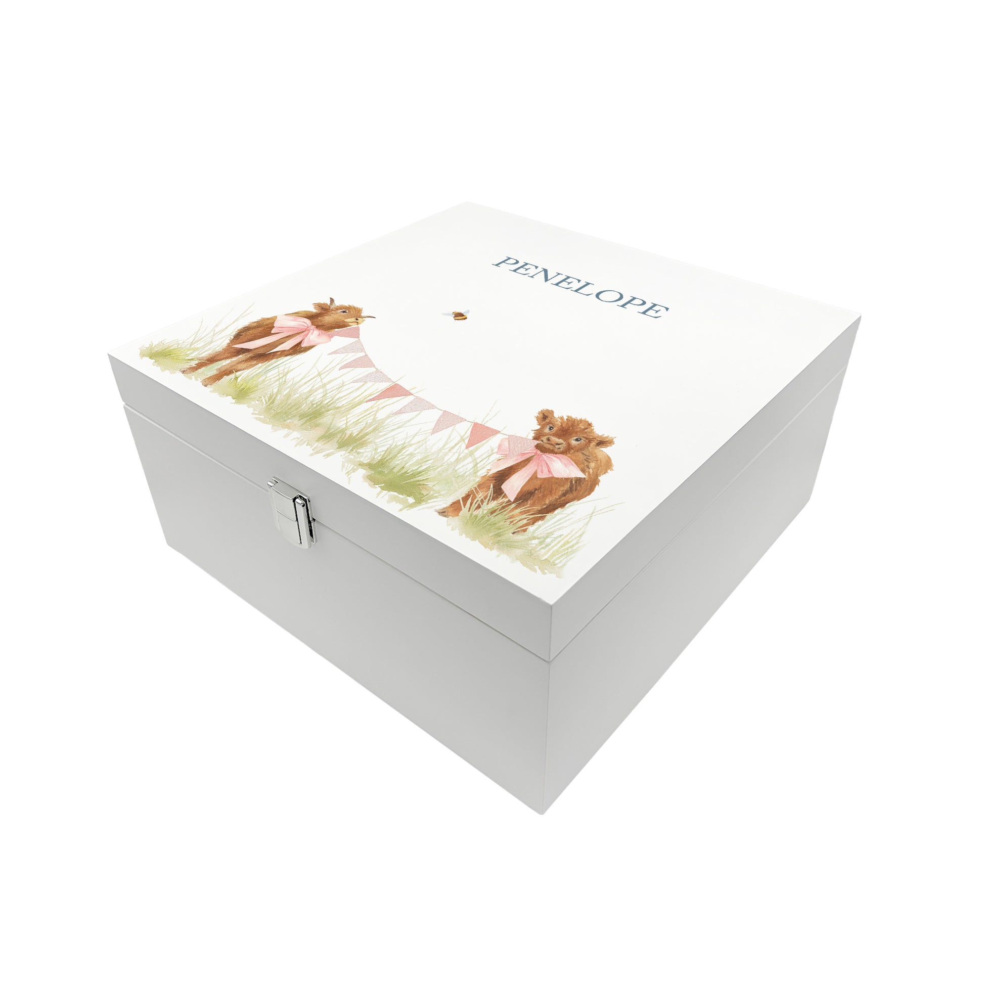 A personalised white wooden baby keepsake gift box with a watercolour highland cows design. Ideal for new baby gifts, christenings, birthdays, memory box, and nursery storage.