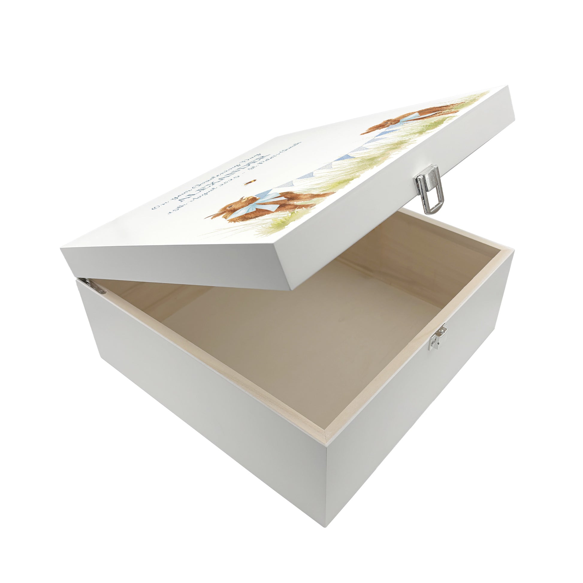 A personalised white wooden baby keepsake gift box with a watercolour highland cows design. The box is shown with the lid open to show the solid wood box interior.
