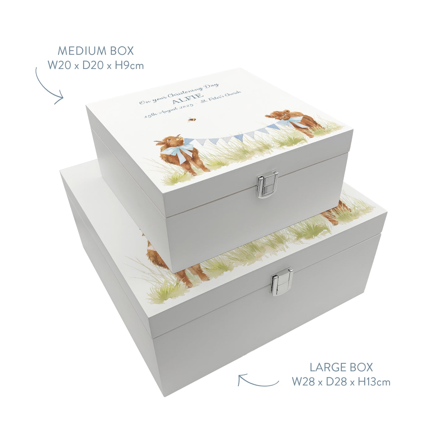Two white wooden keepsake baby gift boxes stacked on top of each other to show the sizes available. The boxes are personalised with custom text and feature a baby highland cows watercolour design.