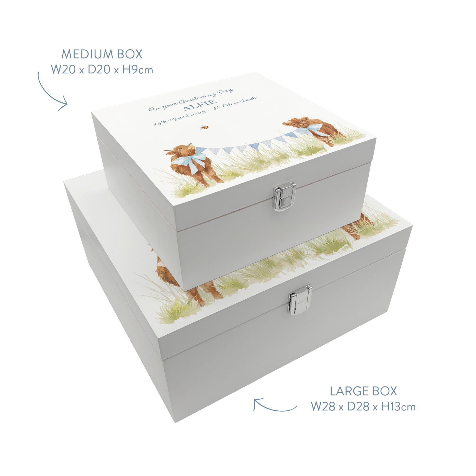 Two white wooden keepsake baby gift boxes stacked on top of each other to show the sizes available. The boxes are personalised with custom text and feature a baby highland cows watercolour design.