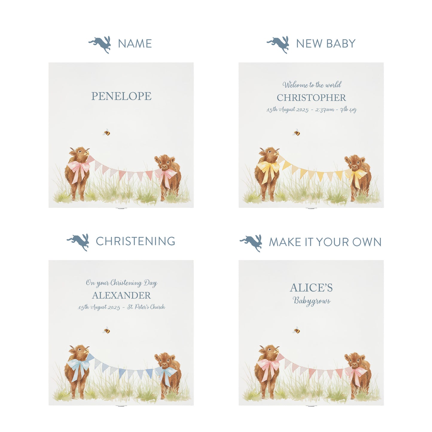 Personalisation options for a white wooden baby gift box with a baby highland cows design. The image shows the personalised phrase options available for baby shower, christenings, and nursery storage.