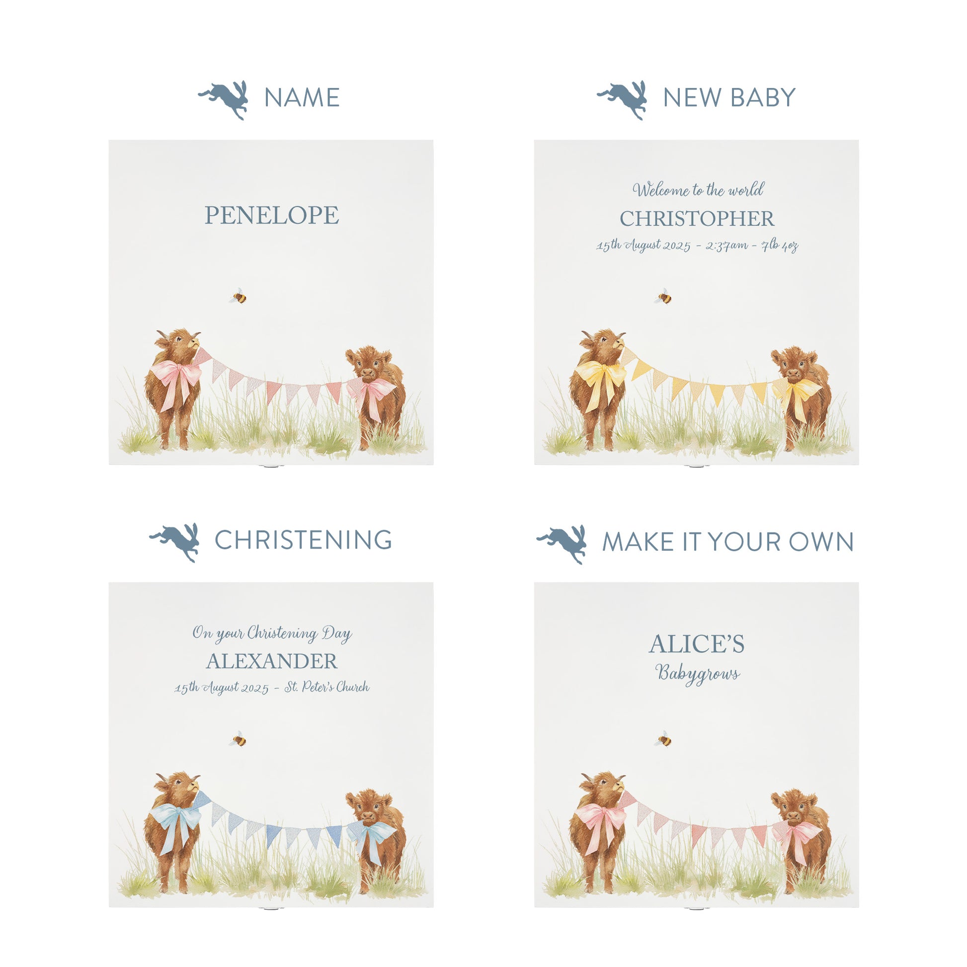 Personalisation options for a white wooden baby gift box with a baby highland cows design. The image shows the personalised phrase options available for baby shower, christenings, and nursery storage.