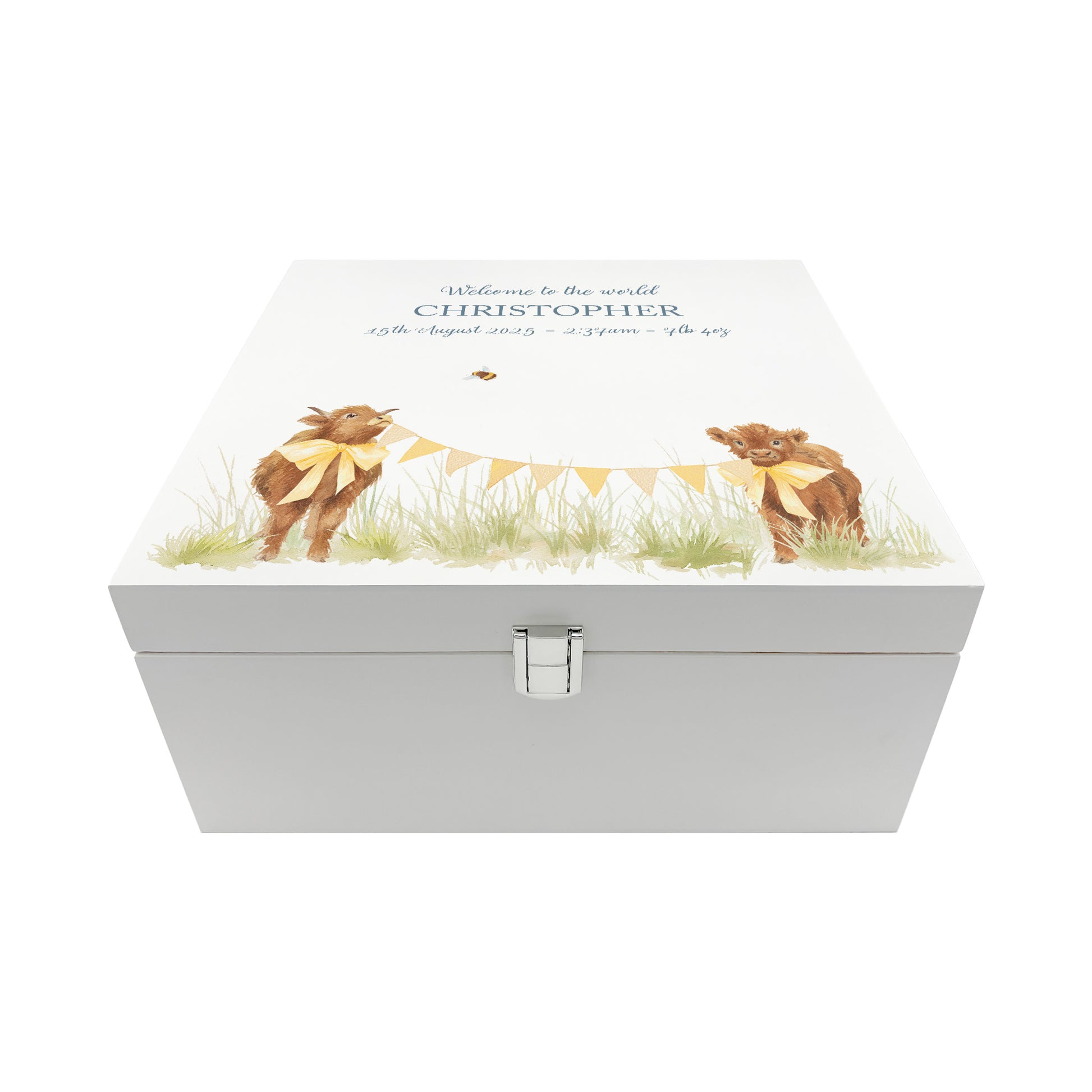 A personalised white wooden baby keepsake gift box with a watercolour highland cows design. Ideal for new baby gifts, christenings, birthdays, memory box, and nursery storage.