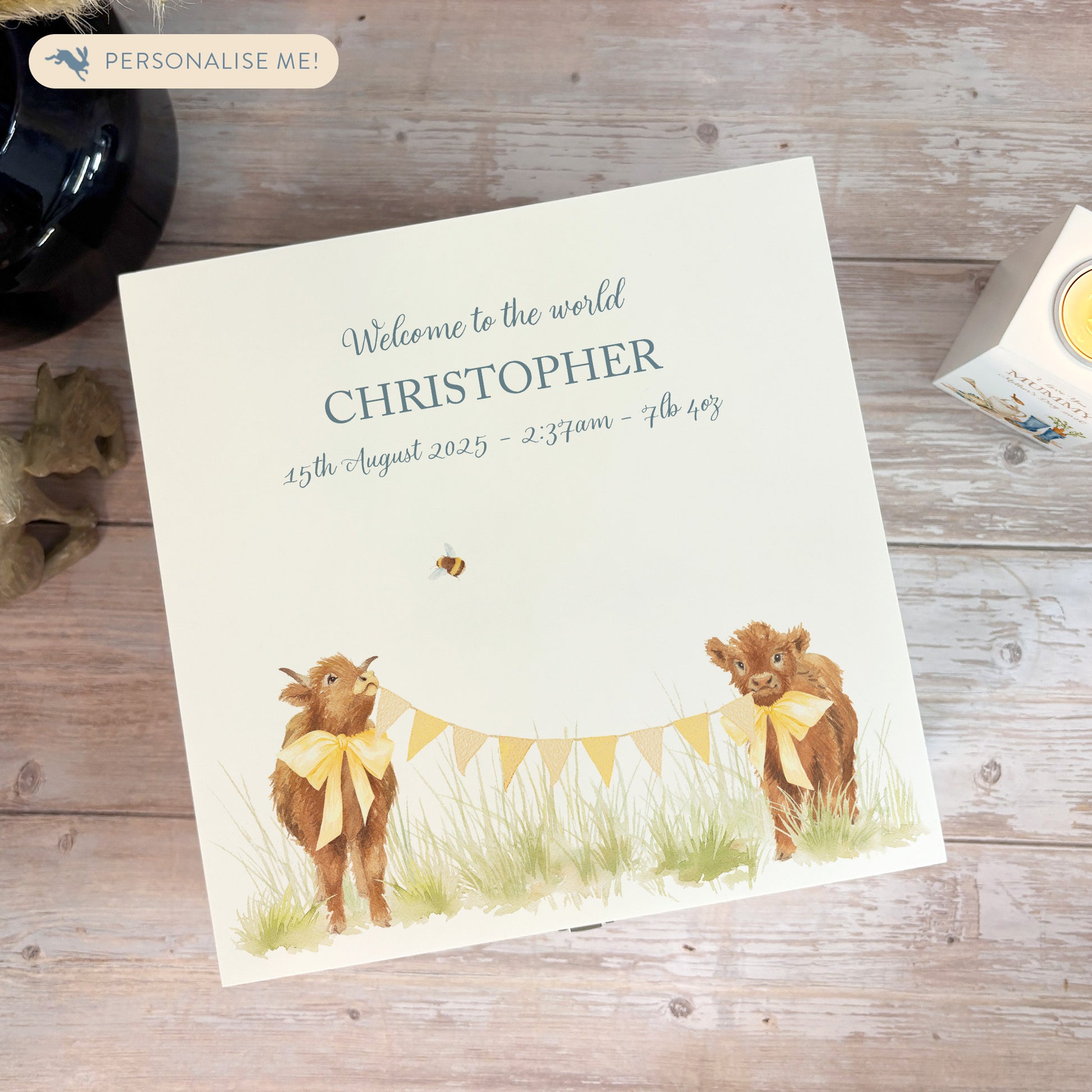 A white wooden keepsake box featuring a sweet baby highland cows design. The box can be personalised with a name or special message, making it a truly unique and heartfelt gift for any occasion