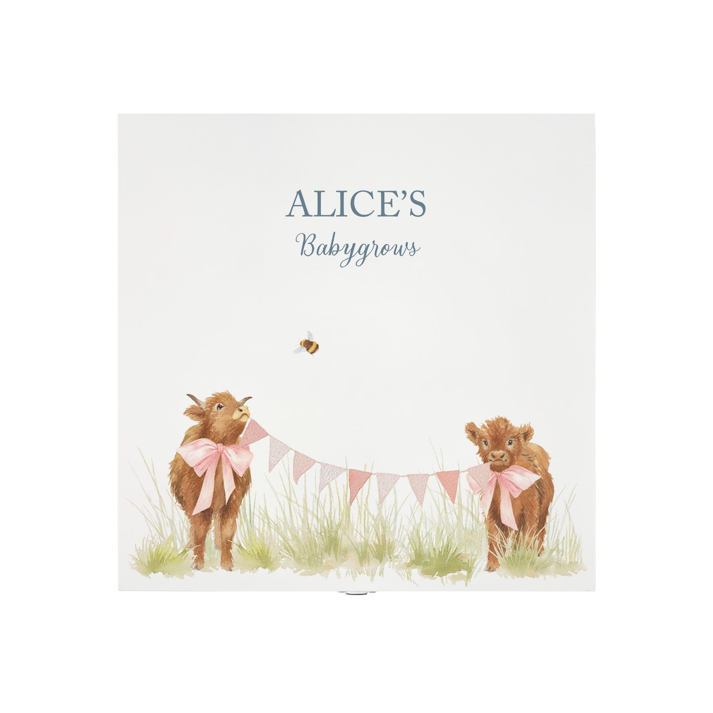 The top of a personalised white wooden baby keepsake gift box with a watercolour highland cows design. Ideal for new baby gifts, christenings, birthdays, memory box, and nursery storage.