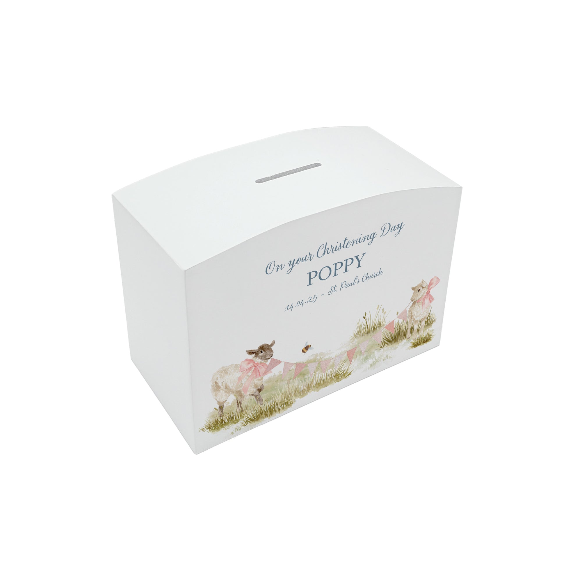 Water colour baby lambs children's/new baby money box. Perfect new baby gift, baby shower, christening. birthday gift. 