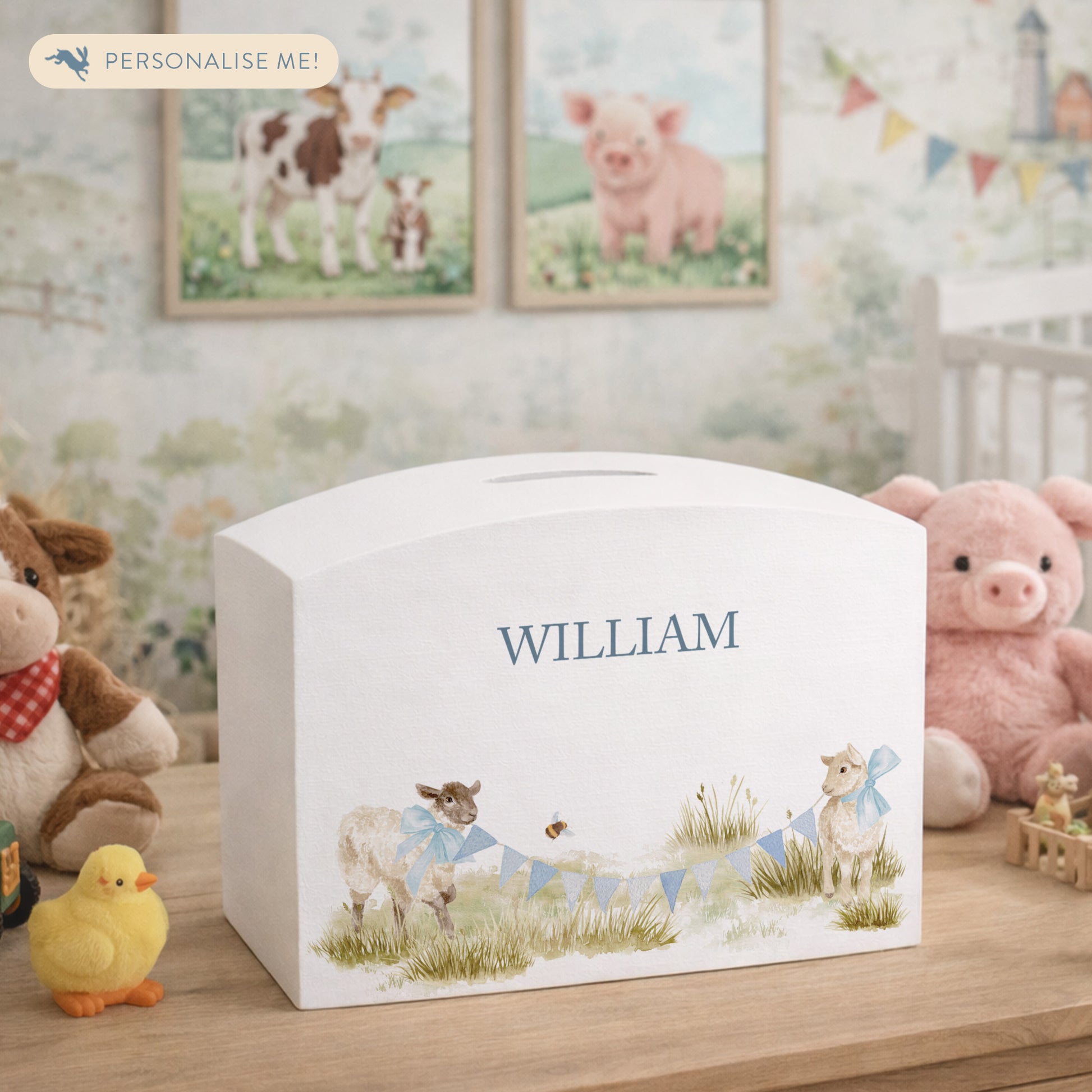 Water colour baby lambs children's/new baby money box. Perfect new baby gift, baby shower, christening. birthday gift. 