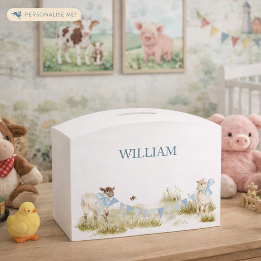 Water colour baby lambs children's/new baby money box. Perfect new baby gift, baby shower, christening. birthday gift. 