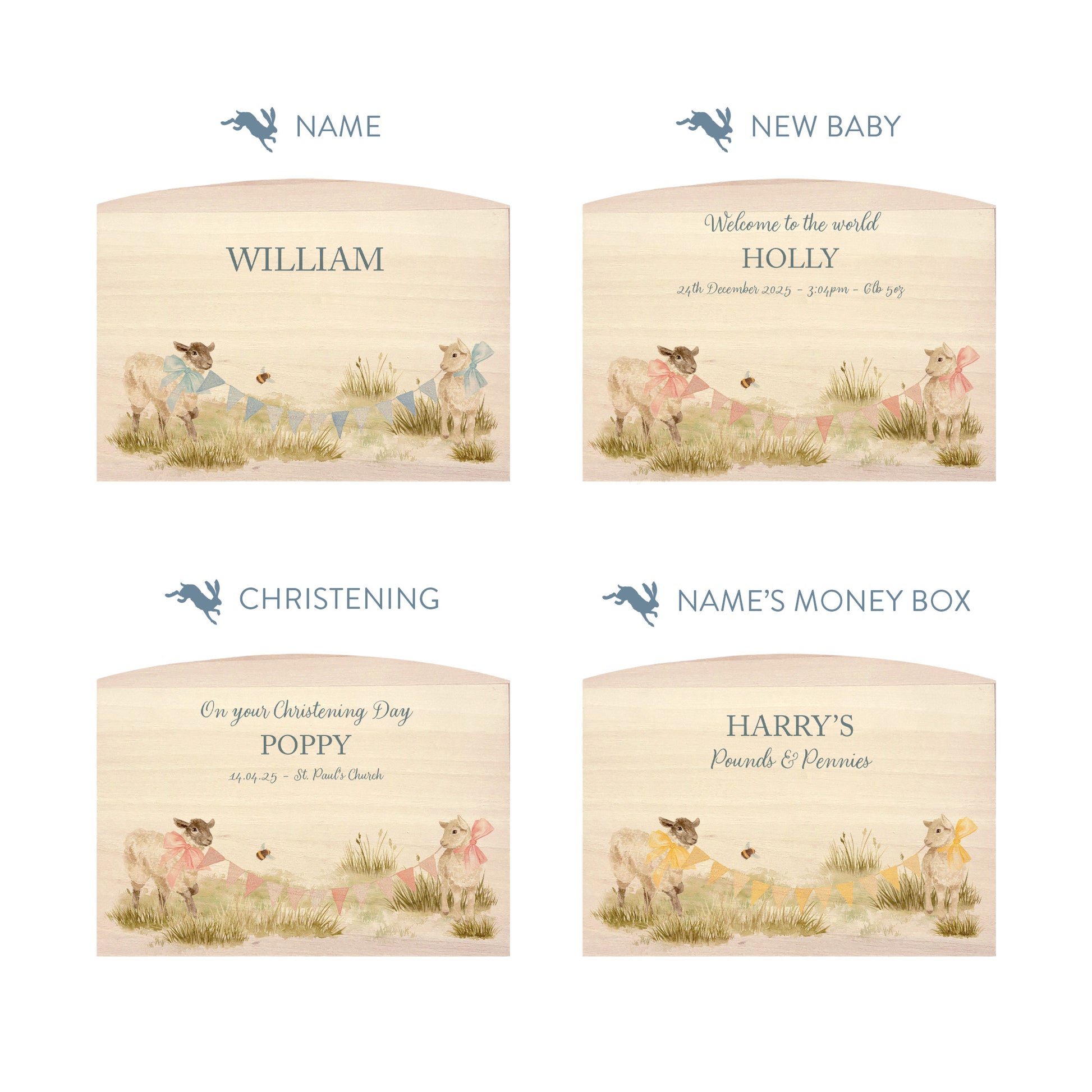 Baby Lambs playing with Bunting with bows on them, choice of Blue, Pink and yellow colour, the perfect money box for your little savers. Newborn, birthday and christening gift. 