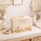 Baby Lambs playing with Bunting with bows on them, choice of Blue, Pink and yellow colour, the perfect money box for your little savers. Newborn, birthday and christening gift. 
