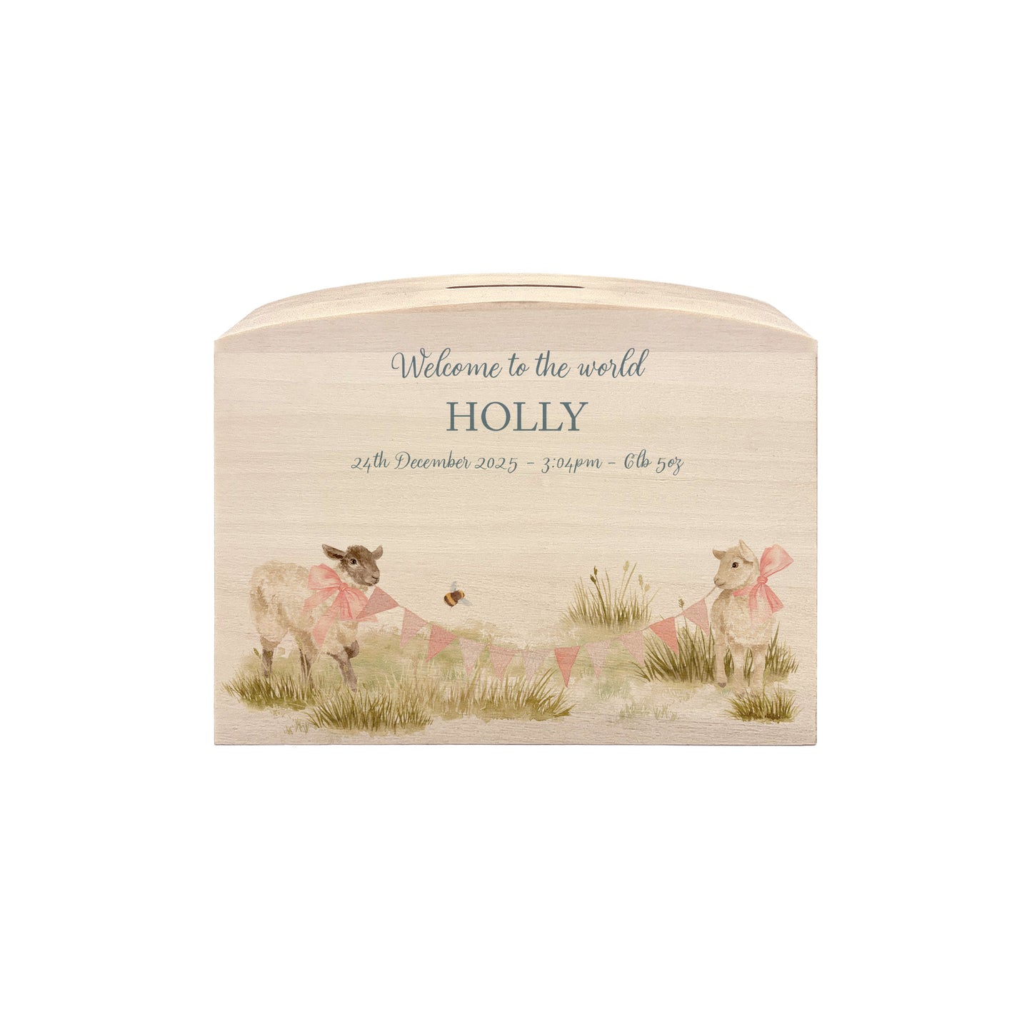 Baby Lambs playing with Bunting with bows on them, choice of Blue, Pink and yellow colour, the perfect money box for your little savers. Newborn, birthday and christening gift. 