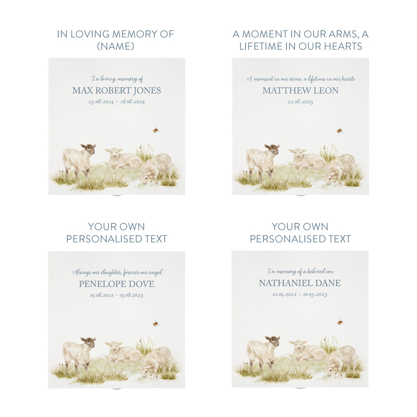 White Square personalised Wooden box with a decorative lid featuring illustrations Baby Lamb Perfect funeral memory keepsake box, for storing ashes, order of service, flowers and coping with baby loss capturing your loved ones things in one place. 
