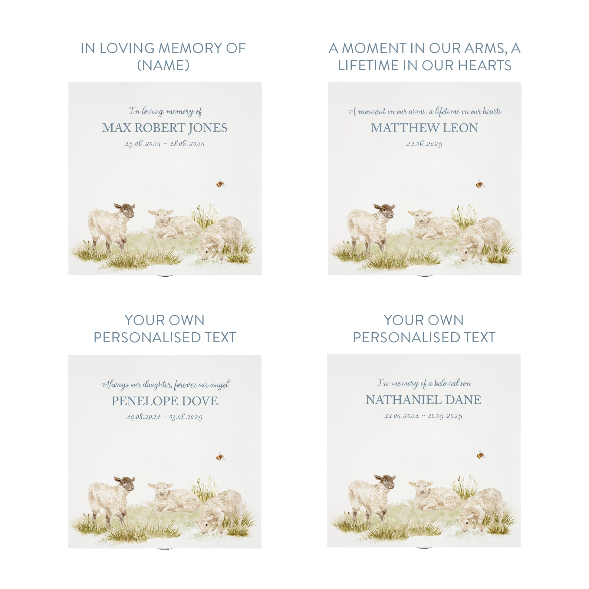 White Square personalised Wooden box with a decorative lid featuring illustrations Baby Lamb Perfect funeral memory keepsake box, for storing ashes, order of service, flowers and coping with baby loss capturing your loved ones things in one place. 