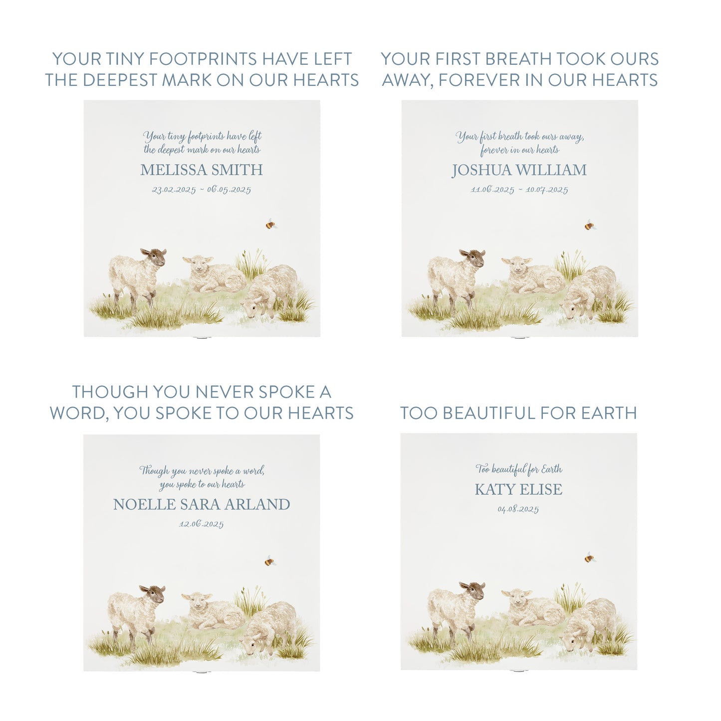 White Square personalised Wooden box with a decorative lid featuring illustrations Baby Lamb Perfect funeral memory keepsake box, for storing ashes, order of service, flowers and coping with baby loss capturing your loved ones things in one place. 