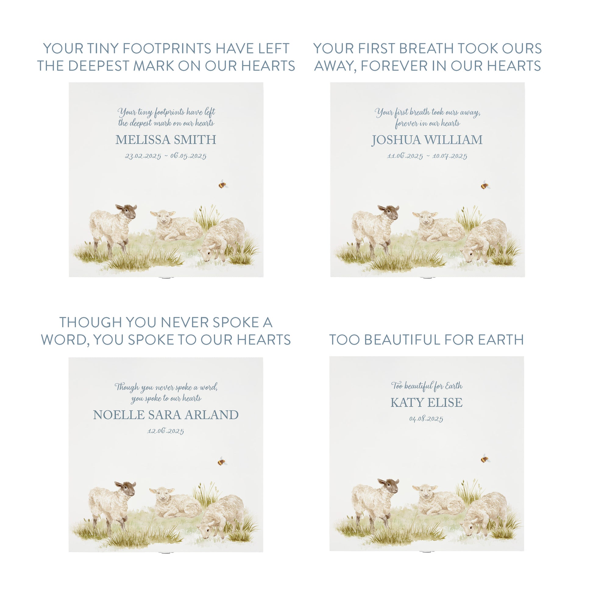 White Square personalised Wooden box with a decorative lid featuring illustrations Baby Lamb Perfect funeral memory keepsake box, for storing ashes, order of service, flowers and coping with baby loss capturing your loved ones things in one place. 