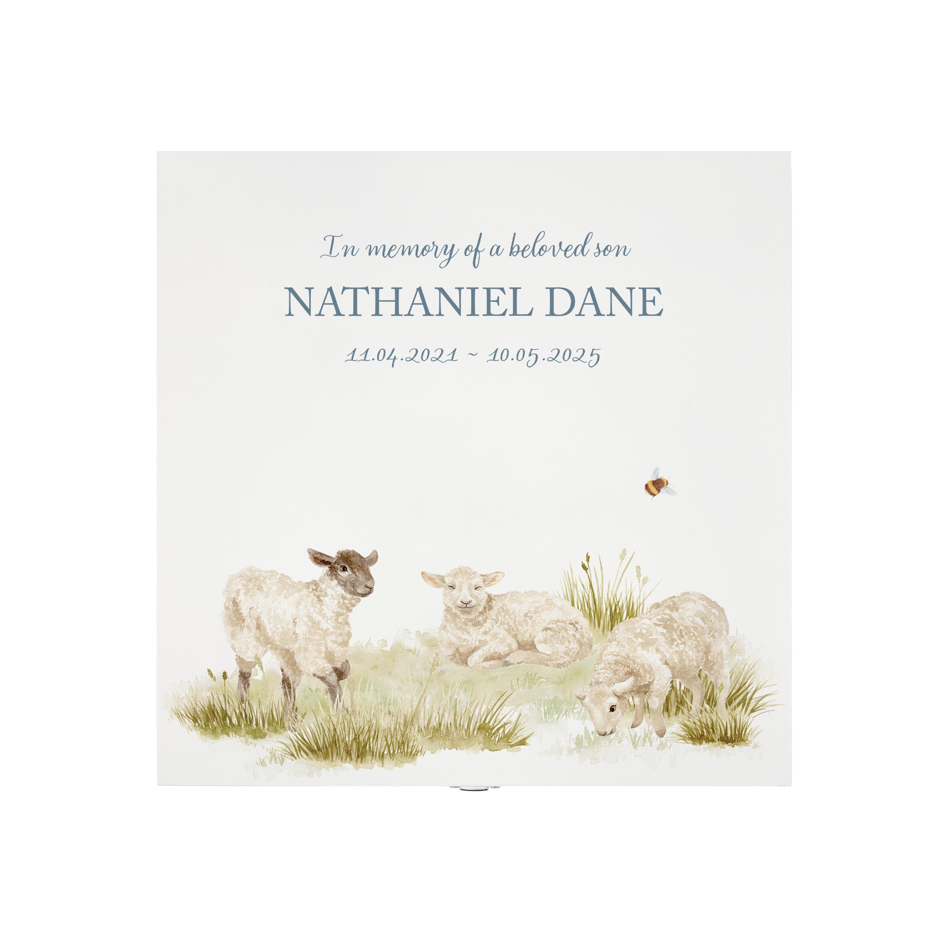 White Square Wooden box with a decorative lid featuring illustrations Baby Lamb Perfect funeral memory keepsake box, for storing ashes, order of service, flowers and coping with baby loss capturing your loved ones things in one place 