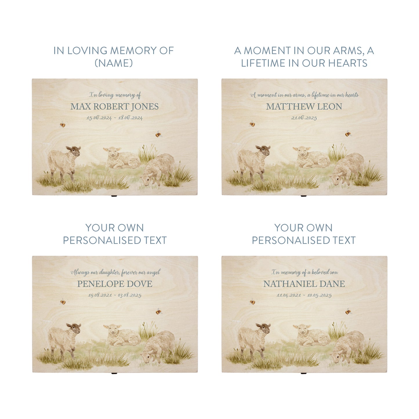 Wooden box with a decorative lid featuring illustrations Baby Lamb Perfect funeral memory keepsake box, for storing ashes, order of service, flowers and coping with baby loss capturing your loved ones things in one place 