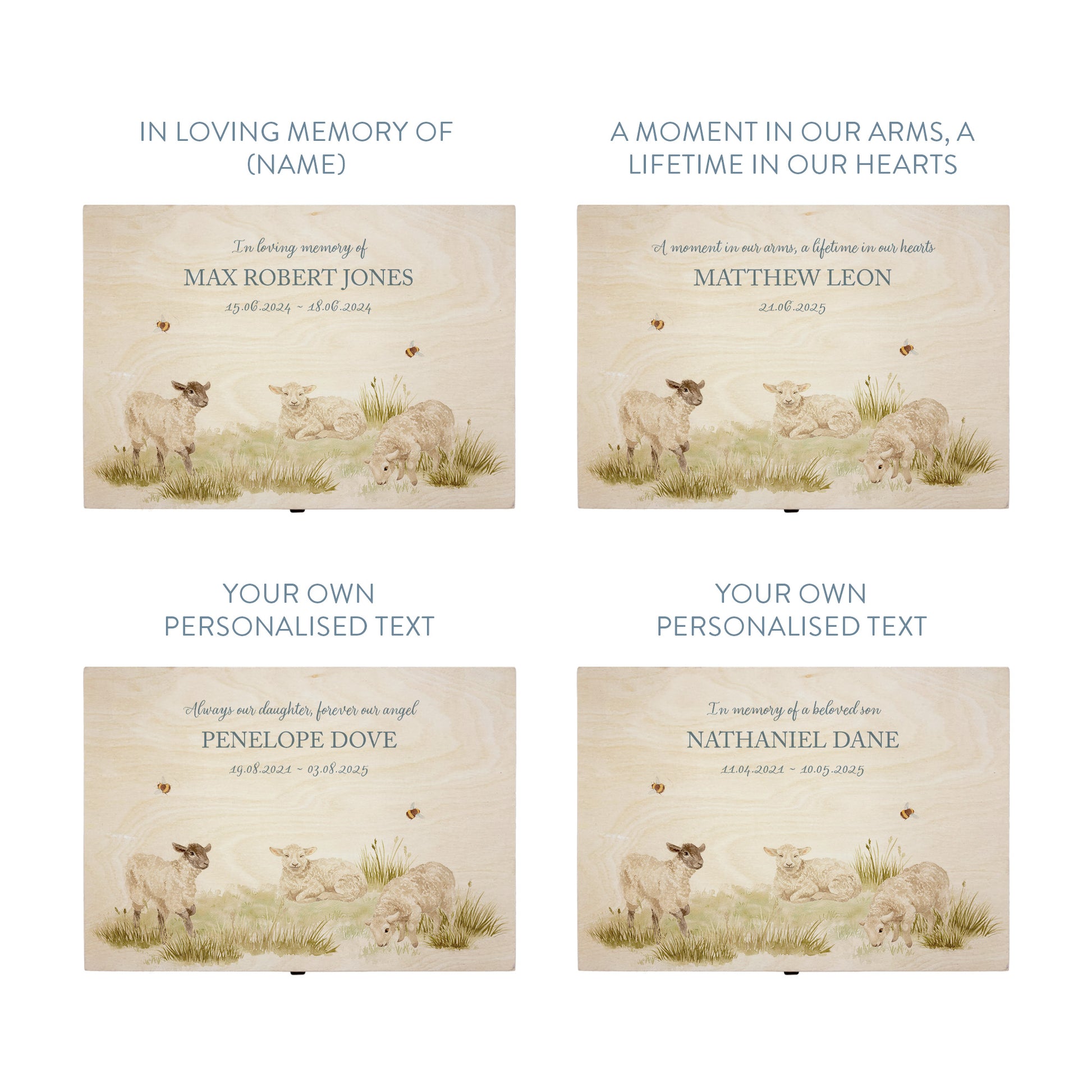 Wooden box with a decorative lid featuring illustrations Baby Lamb Perfect funeral memory keepsake box, for storing ashes, order of service, flowers and coping with baby loss capturing your loved ones things in one place 