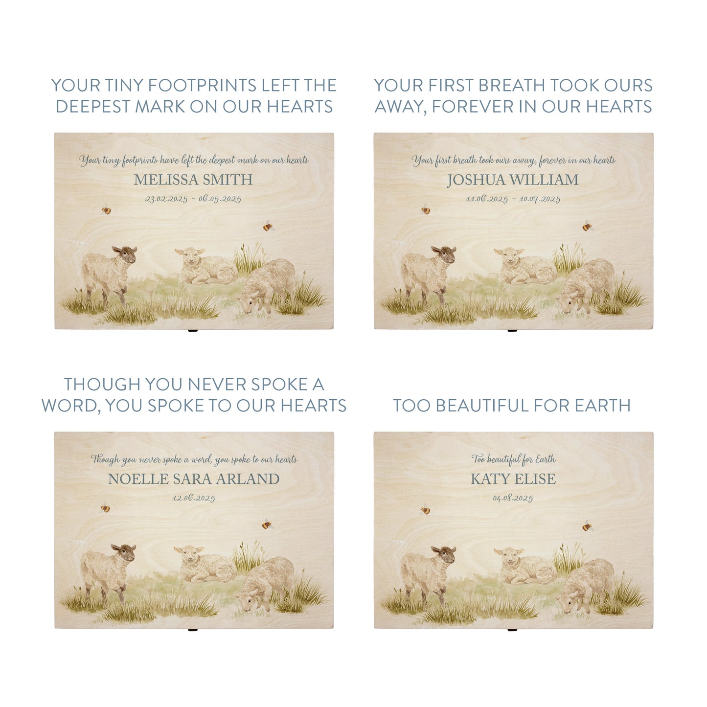 Wooden box with a decorative lid featuring illustrations Baby Lamb Perfect funeral memory keepsake box, for storing ashes, order of service, flowers and coping with baby loss capturing your loved ones things in one place 