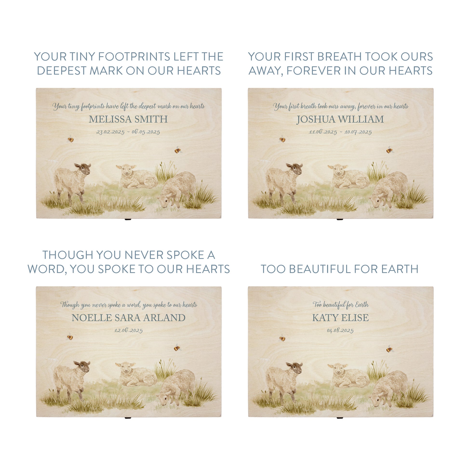 Wooden box with a decorative lid featuring illustrations Baby Lamb Perfect funeral memory keepsake box, for storing ashes, order of service, flowers and coping with baby loss capturing your loved ones things in one place 