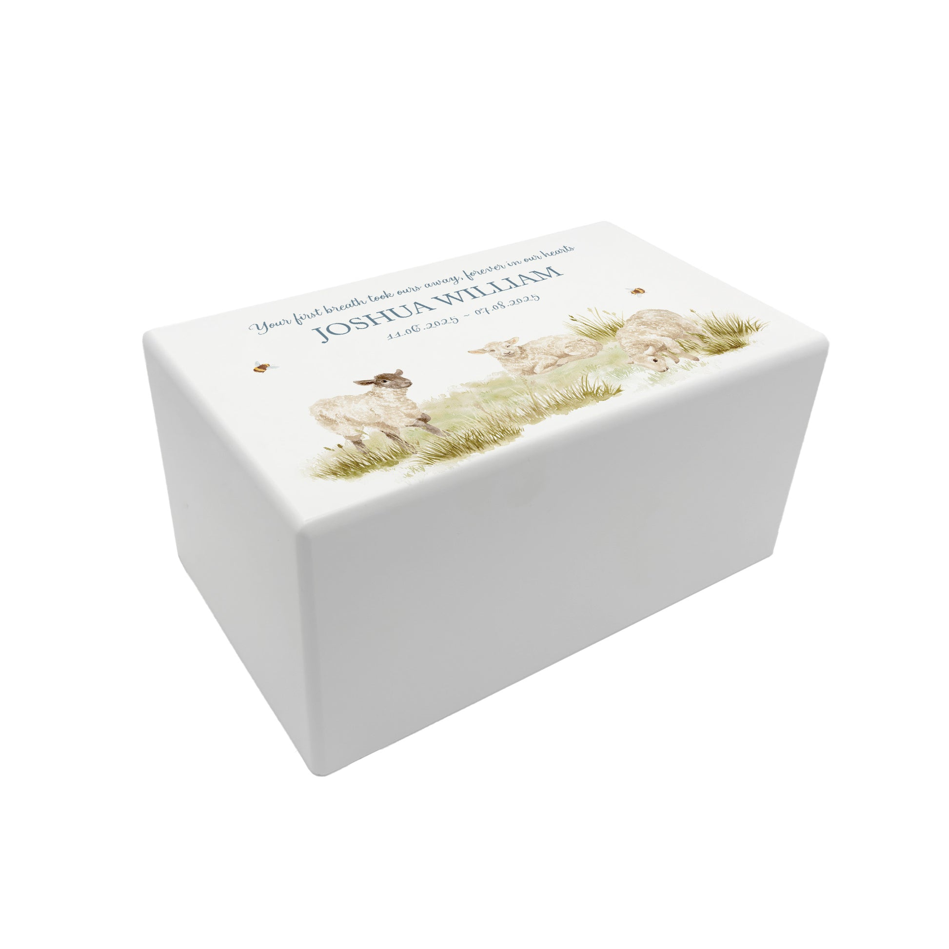 Luxury solid wooden white painted Urn ,  Featuring Baby Lambs, A watercolour illustration, our urns and Caskets for displaying or burying ashes. Customisable and can be personalised. Perfect funeral memory keepsake urn, for storing ashes for humans and pets. Coping with baby loss, baby memorial