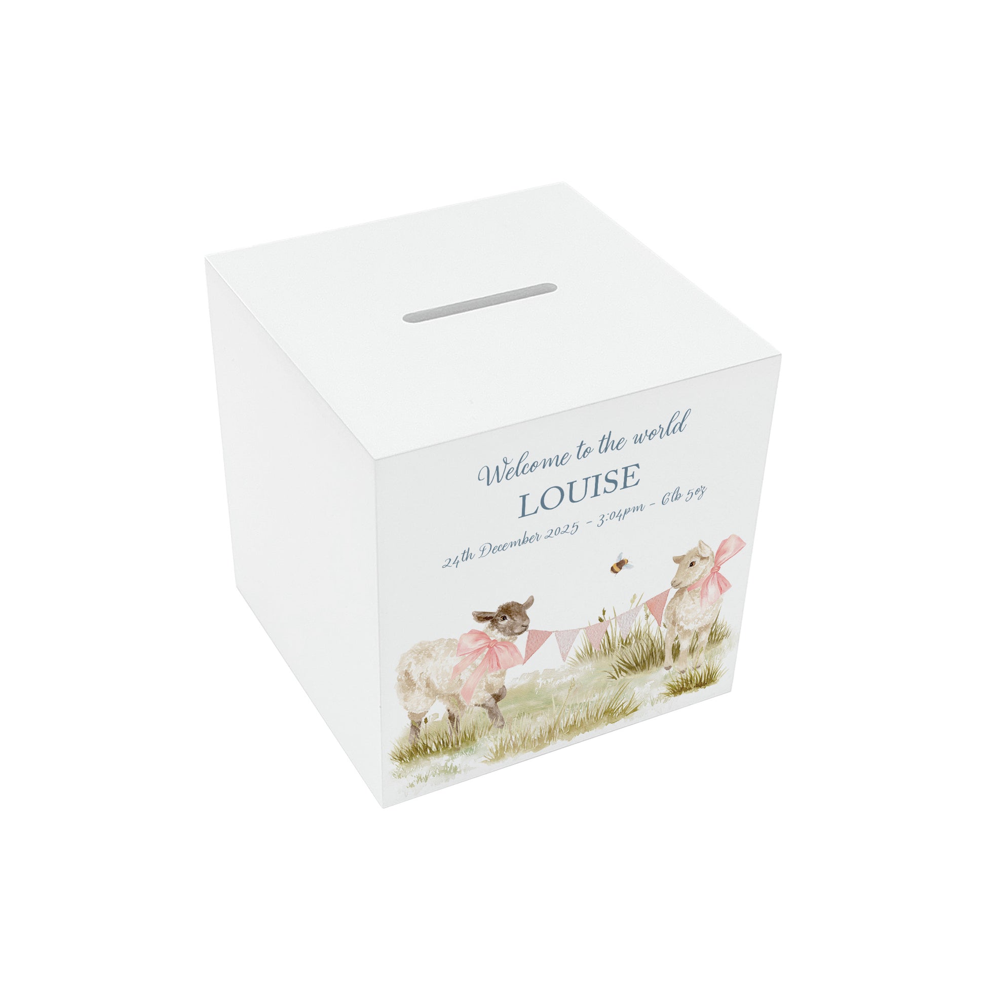 personalised handmade baby keepsake money box for new baby gift- Baby Lambs with bunting and bows 