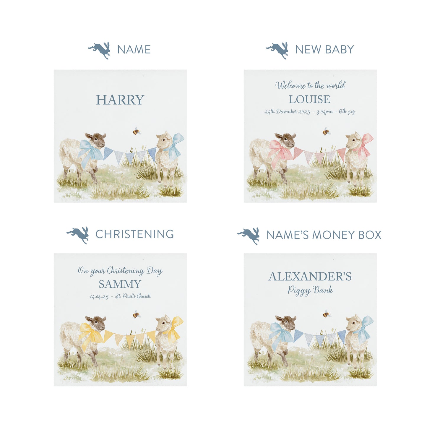 personalised handmade baby keepsake money box for new baby gift- Baby Lambs with bunting and bows 