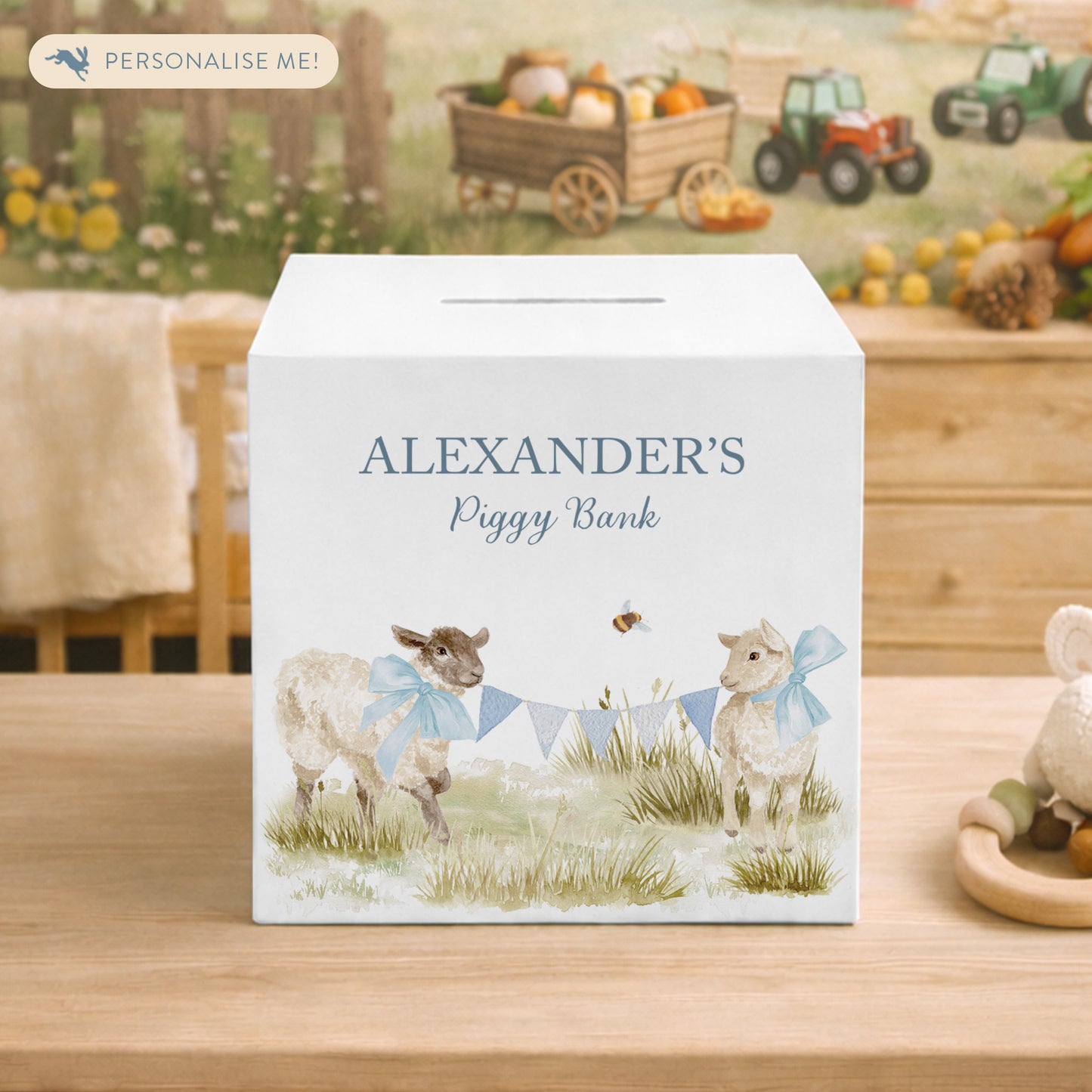 personalised handmade baby keepsake money box for new baby gift- Baby Lambs with bunting and bows 