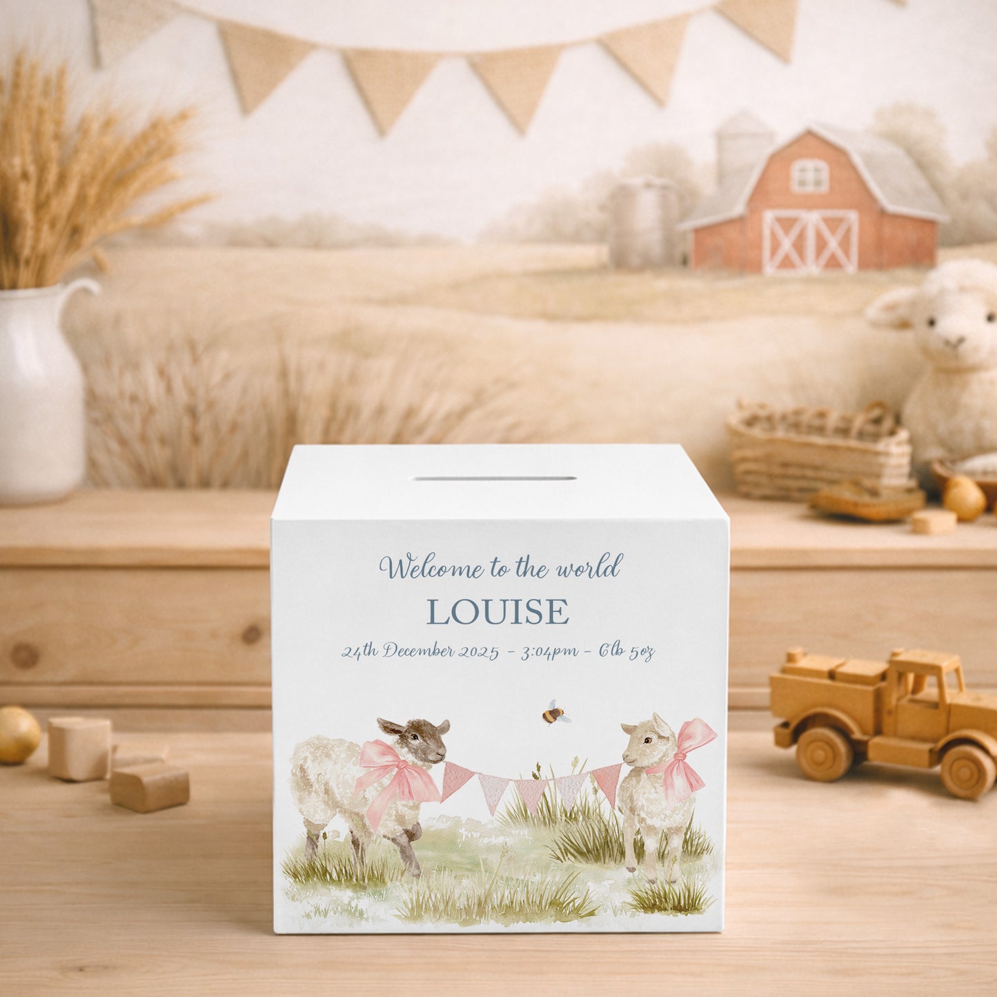 personalised handmade baby keepsake money box for new baby gift- Baby Lambs with bunting and bows 