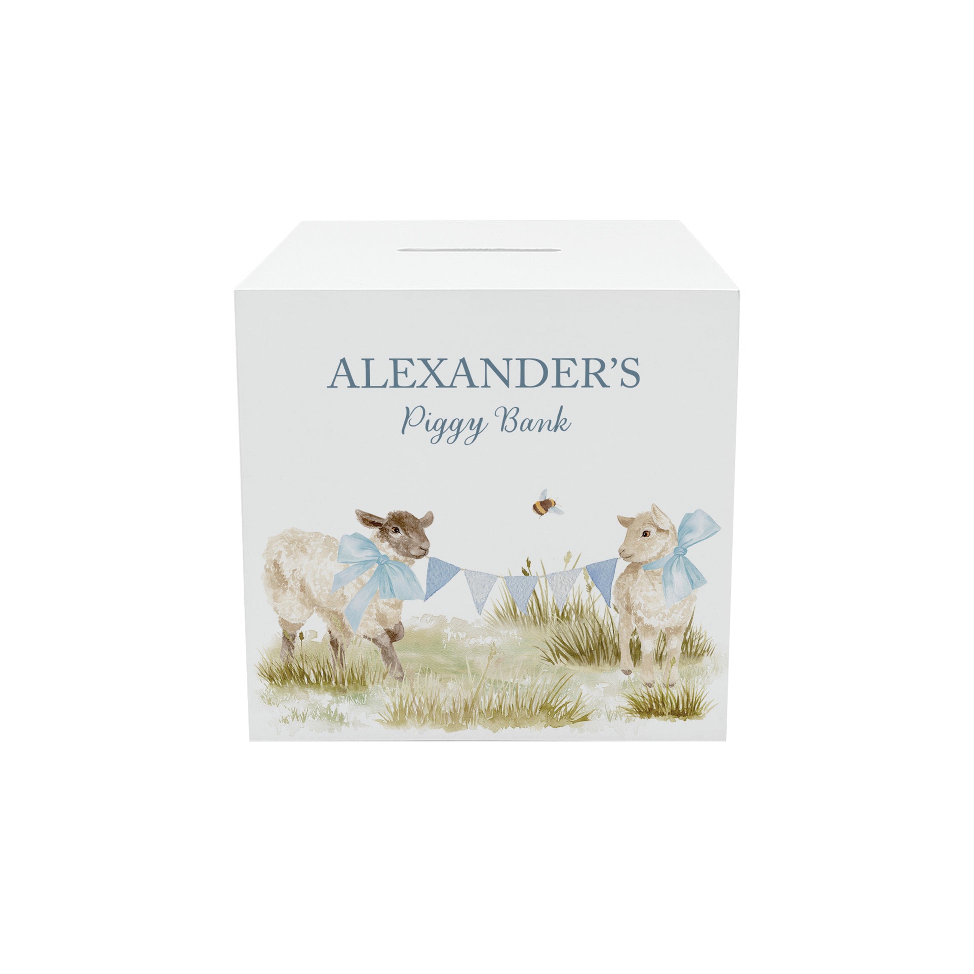 personalised handmade baby keepsake money box for new baby gift- Baby Lambs with bunting and bows 