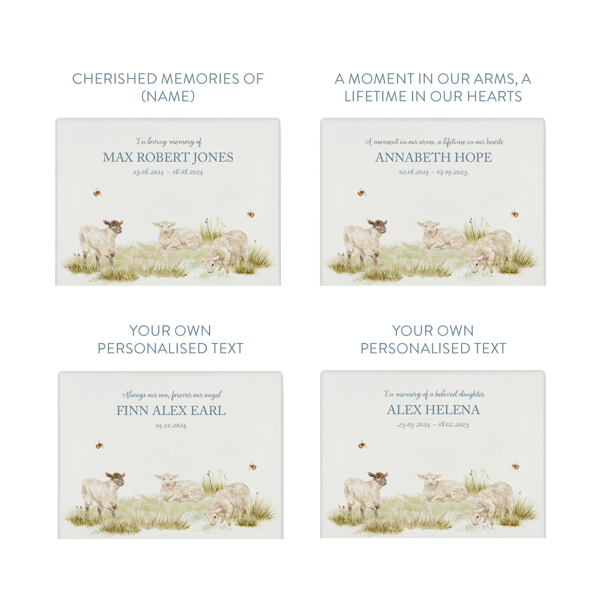 Luxury solid wooden white painted with Baby Lambs, a beautiful watercolour illustration our urns and Caskets for displaying or burying ashes. Customisable and can be personalised. Perfect funeral memory keepsake urn, for storing ashes for humans and pets. Coping with baby loss. 