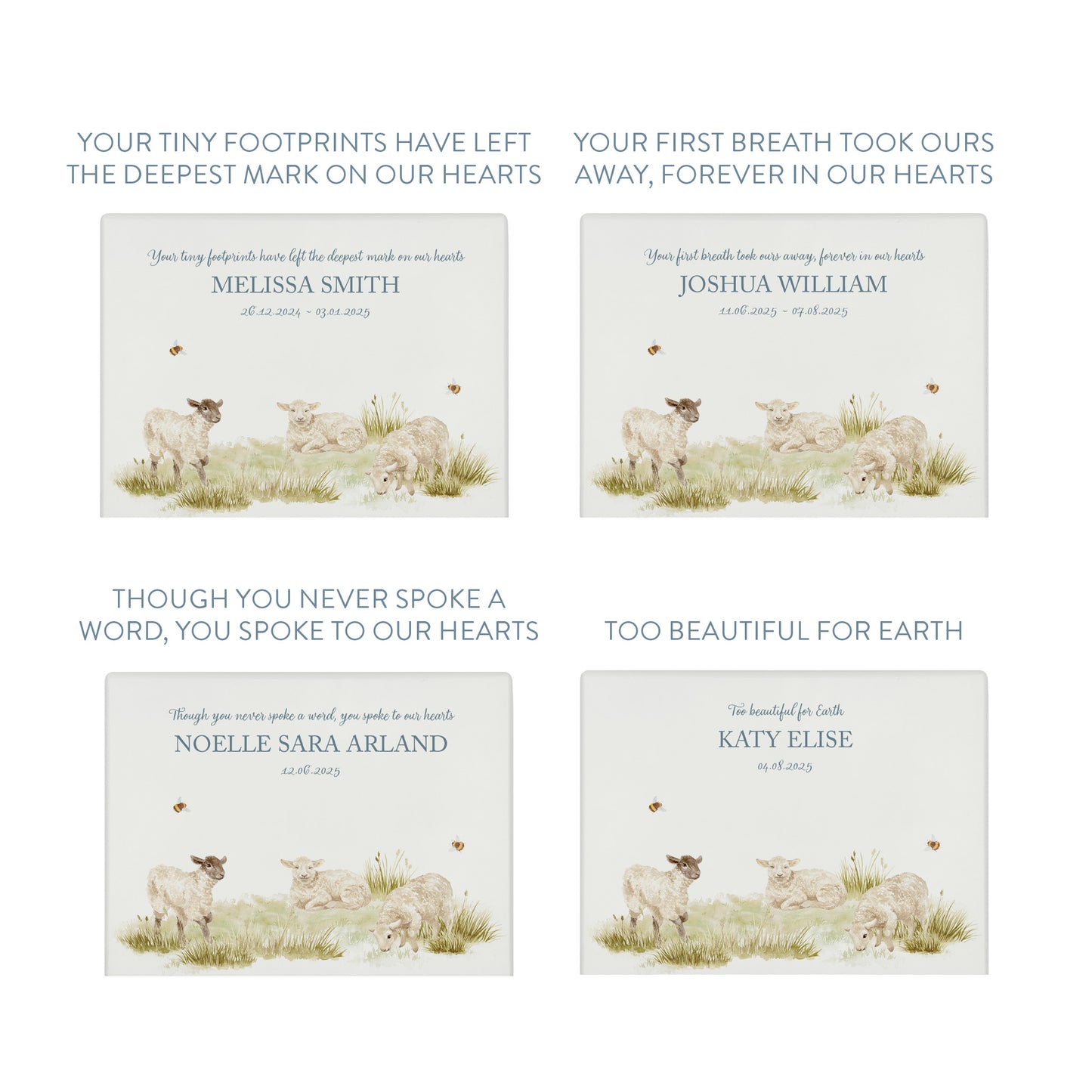 Luxury solid wooden white painted with Baby Lambs, a beautiful watercolour illustration our urns and Caskets for displaying or burying ashes. Customisable and can be personalised. Perfect funeral memory keepsake urn, for storing ashes for humans and pets. Coping with baby loss. 