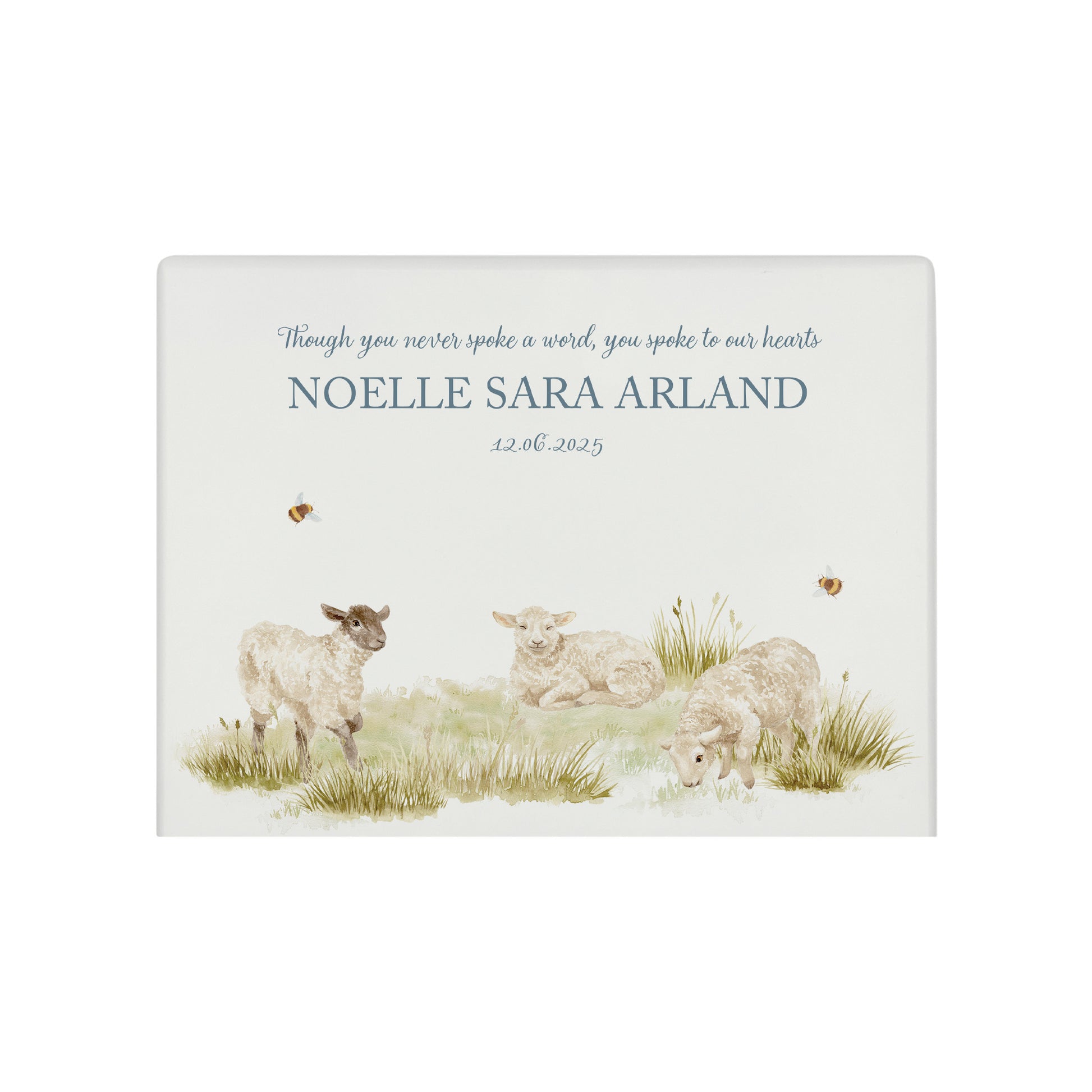 Luxury solid wooden white painted with Baby Lambs, a beautiful watercolour illustration our urns and Caskets for displaying or burying ashes. Customisable and can be personalised. Perfect funeral memory keepsake urn, for storing ashes for humans and pets. Coping with baby loss. 