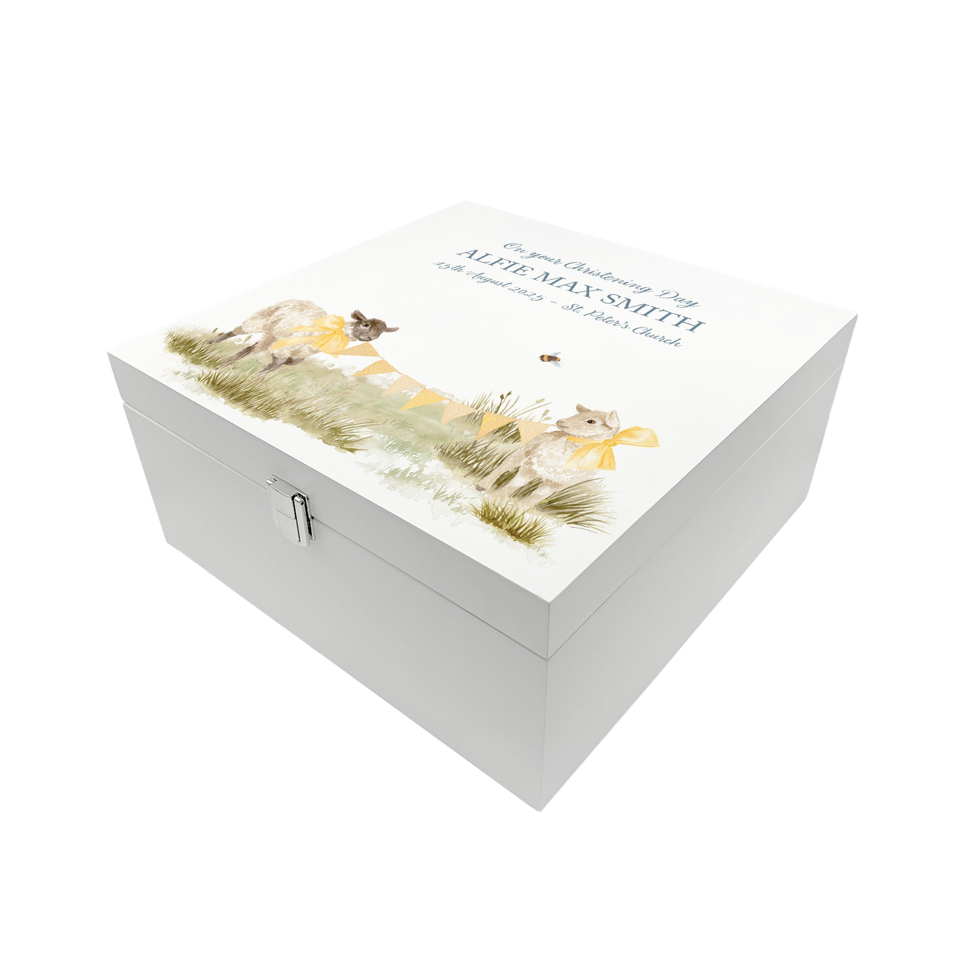 A personalised white wooden baby keepsake gift box with a watercolour lambs design. Ideal for new baby gifts, christenings, birthdays, memory box, and nursery storage.