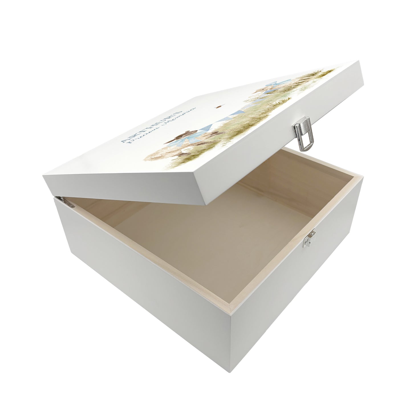 A personalised white wooden baby keepsake gift box with a watercolour lambs design. The box is shown with the lid open to show the solid wood box interior.