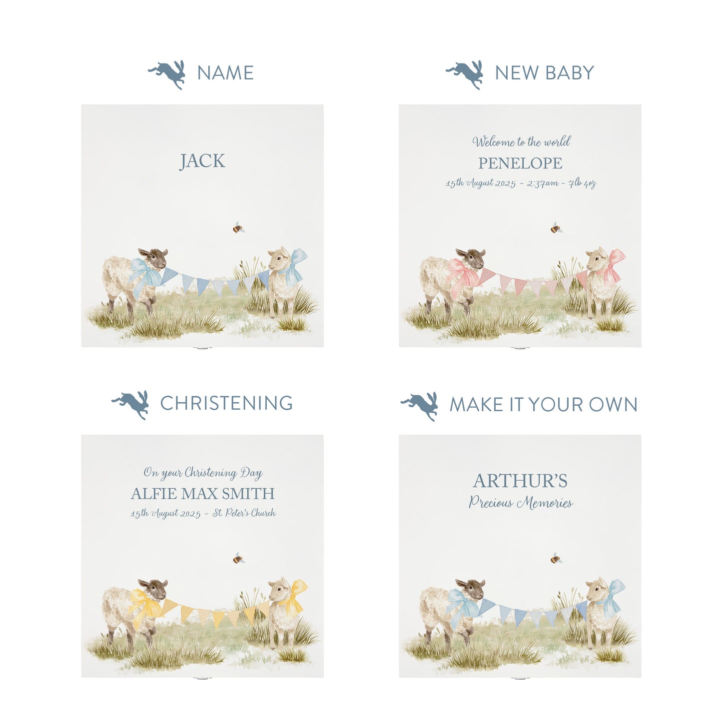Personalisation options for a white wooden baby gift box with a baby lambs design. The image shows the personalised phrase options available for baby shower, christenings, and nursery storage.