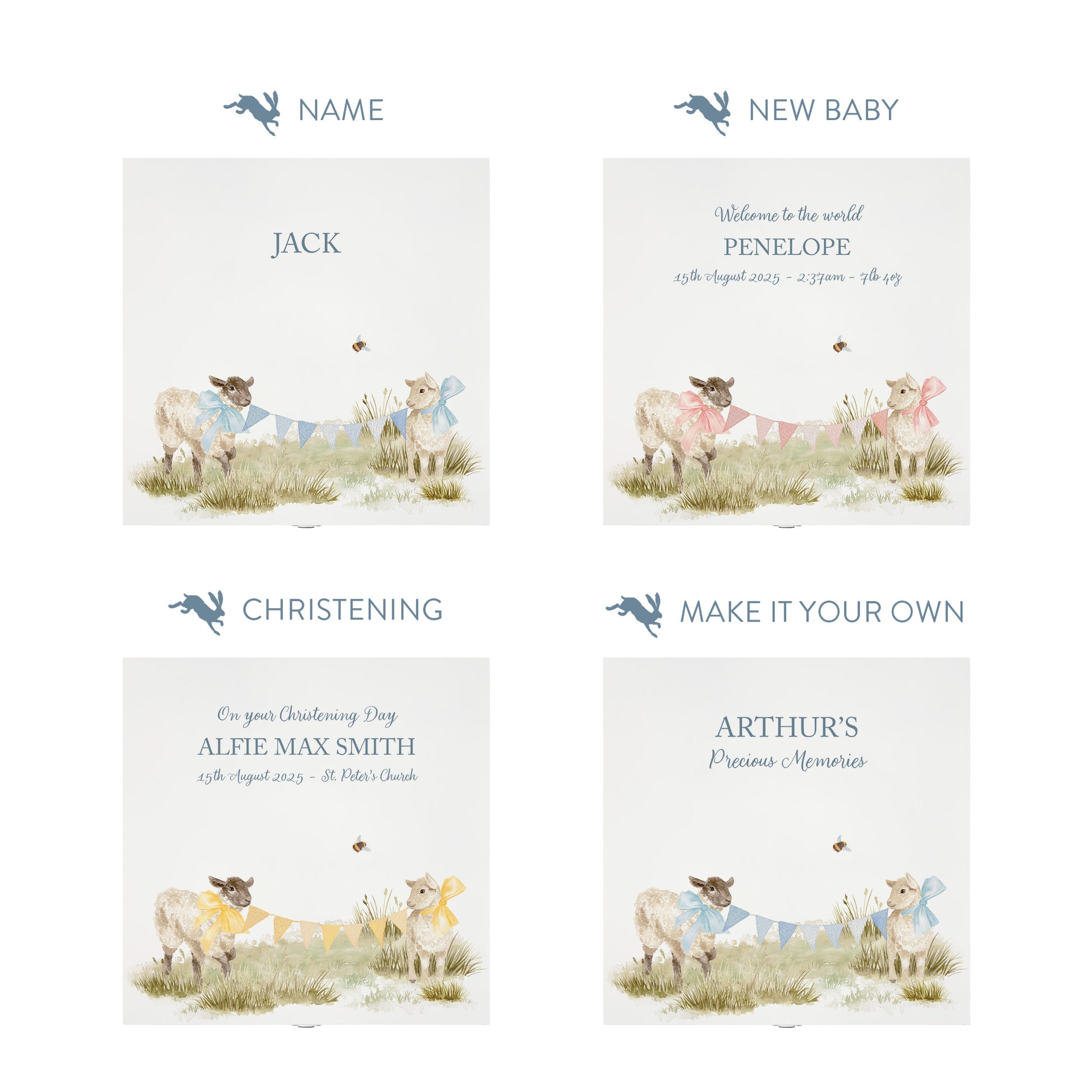Personalisation options for a white wooden baby gift box with a baby lambs design. The image shows the personalised phrase options available for baby shower, christenings, and nursery storage.