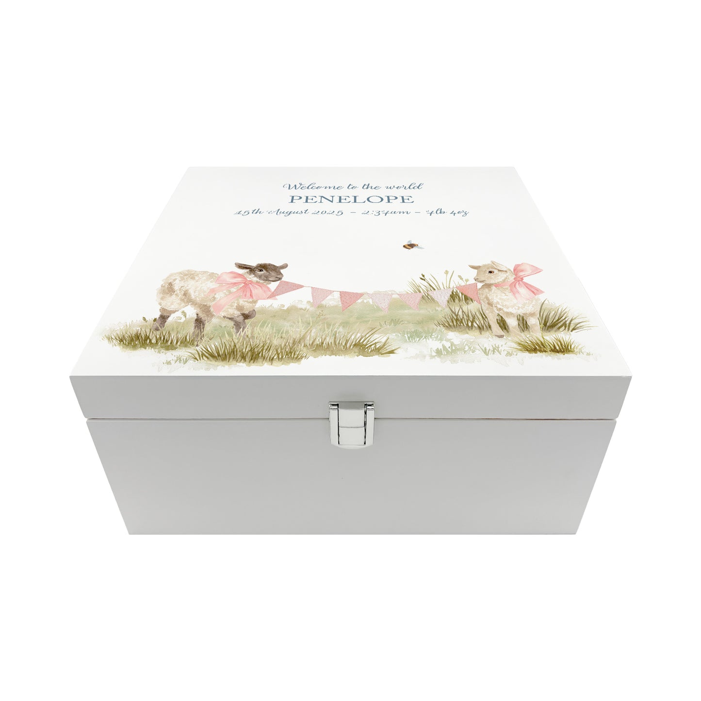 A personalised white wooden baby keepsake gift box with a watercolour lambs design. Ideal for new baby gifts, christenings, birthdays, memory box, and nursery storage.