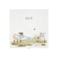 The top of a personalised white wooden baby keepsake gift box with a watercolour lambs design. Ideal for new baby gifts, christenings, birthdays, memory box, and nursery storage.