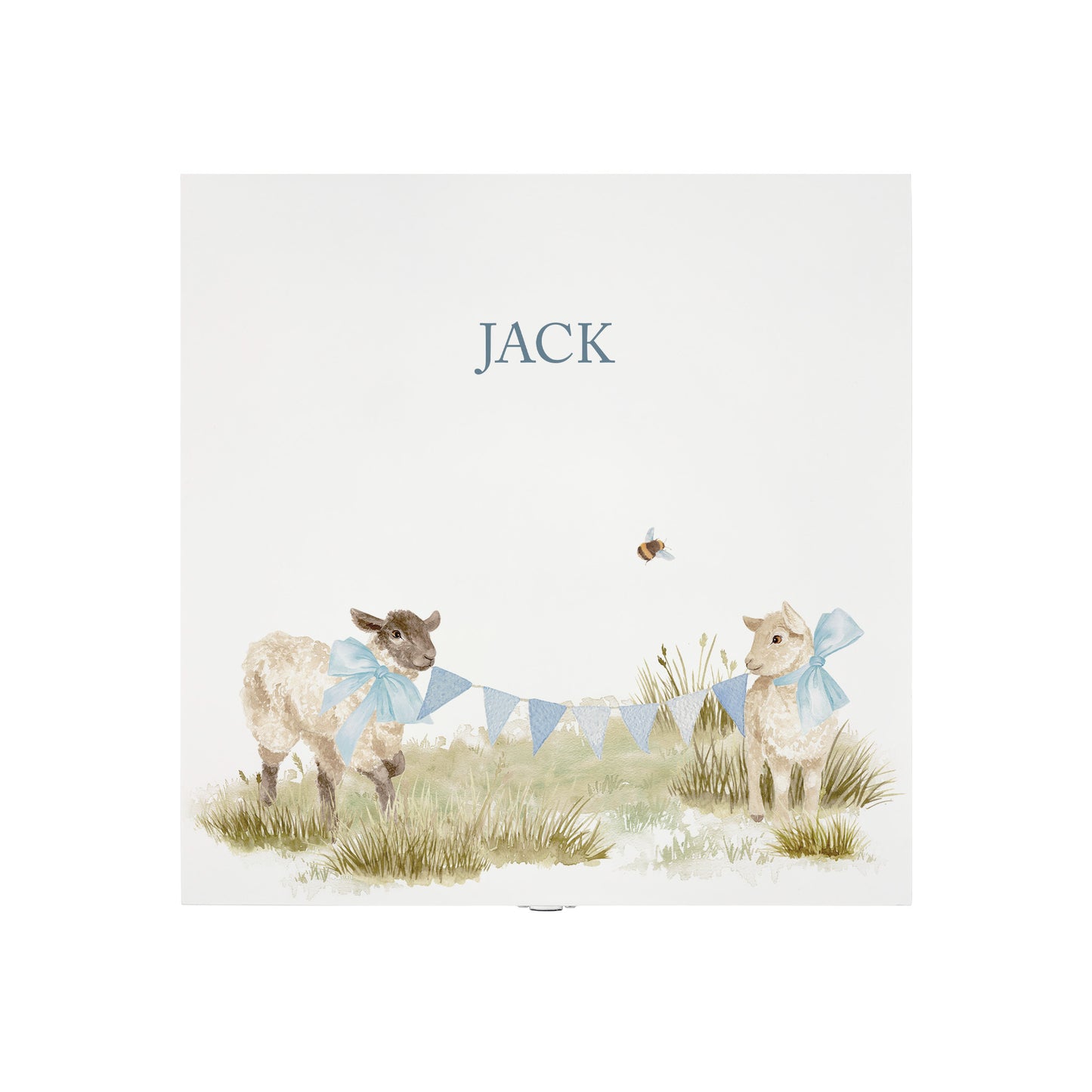 The top of a personalised white wooden baby keepsake gift box with a watercolour lambs design. Ideal for new baby gifts, christenings, birthdays, memory box, and nursery storage.